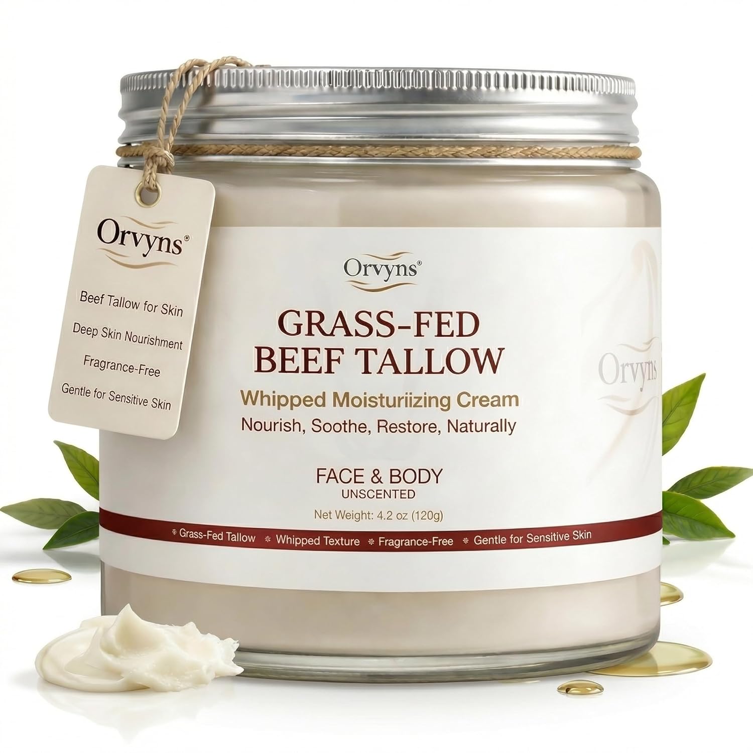 Pure Grass-Fed Beef Tallow for Skin – 4.2 Oz Whipped Tallow Cream for Face & Body – Moisturizer for Sensitive Skin – Unscented beef tallow for Face – Rich in Vitamins A, D, E & K