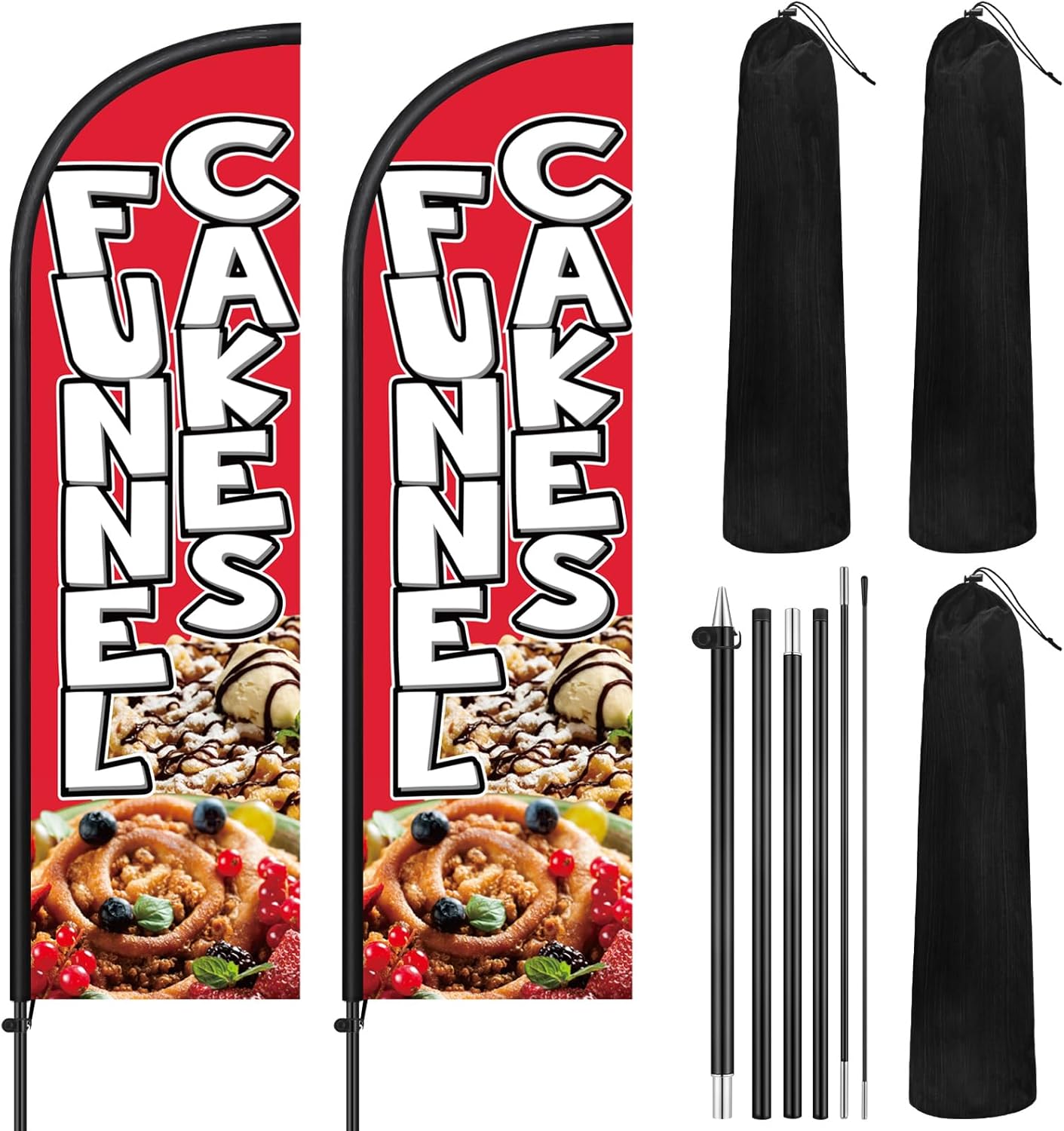 Remagr 2 Pack Funnel Cakes Feather Flag 7 ft Advertising Swooper Flag Sign Windless Banner Sign with Pole Kit and Ground Stake for Businesses Restaurants Outside Ground