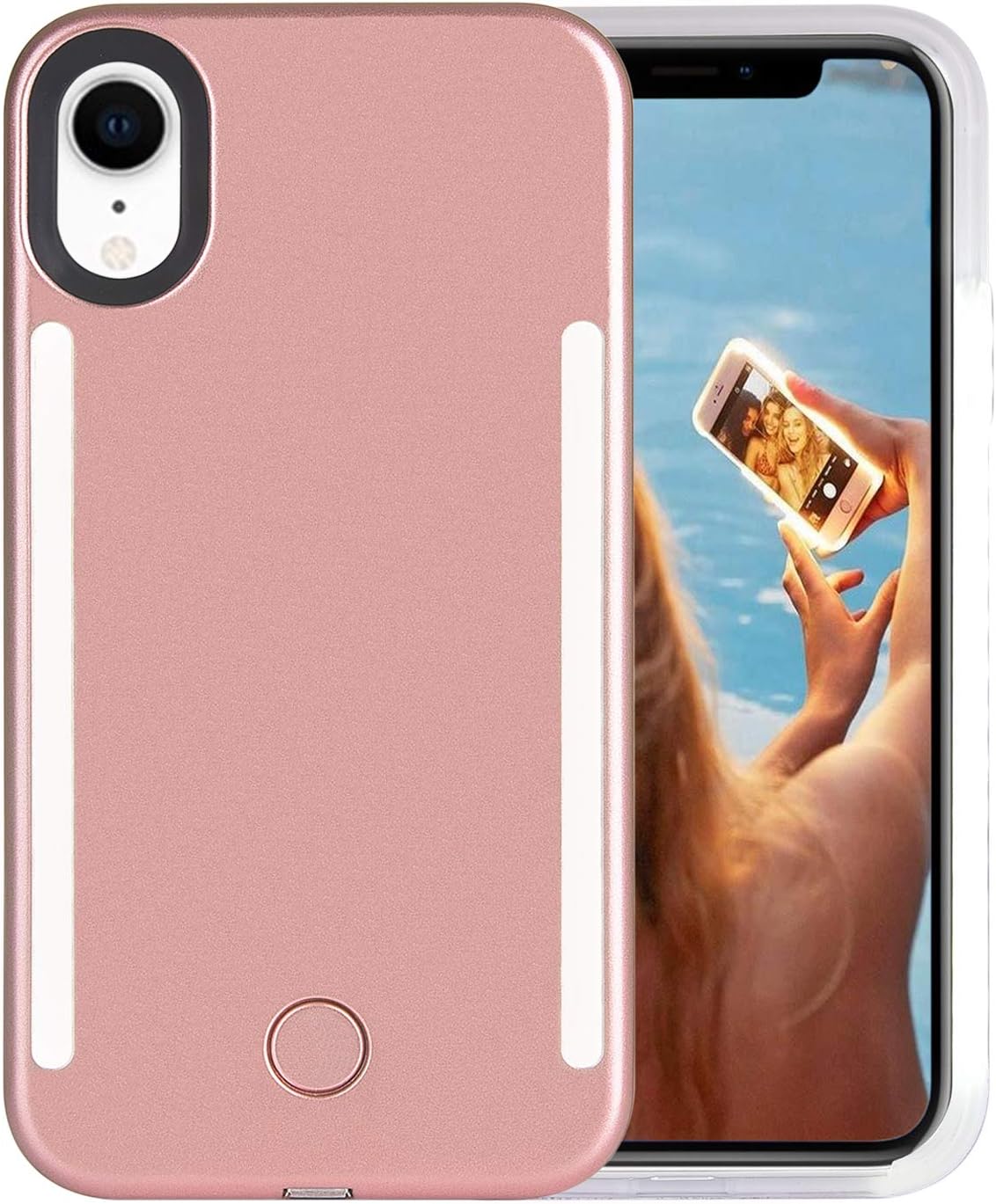 Wellerly iPhone XR Case, LED Illuminated Selfie Light Cell Phone Case Cover [Rechargeable] Dual Light Up Luminous Selfie Flashlight Case for iPhone XR 6.1inch (Rose Gold)