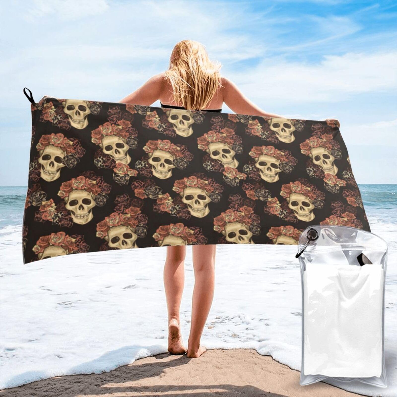 ENGhjes Rose Skull Print Camping Towel Fast Drying Bath Beach Shower Wrap For Gym Camping Vacation Adults Portable Gift