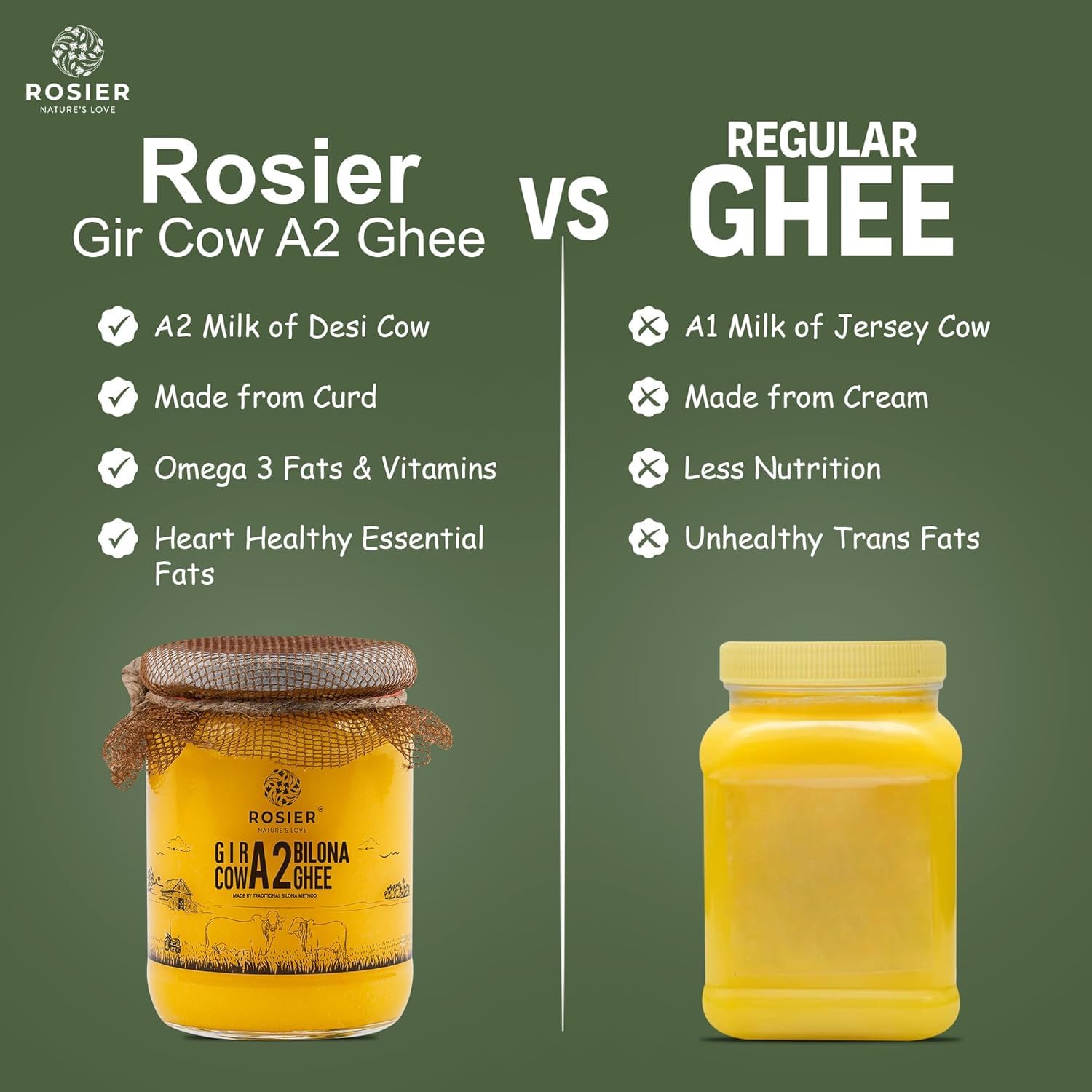 ROSIER A2 Gir Cow Ghee (500 ml) | Traditional Bilona Method A2 Cow Ghee | Grassfed, Pure and Healthy Desi Cow Ghe (Glass Bottle - 500 ML)