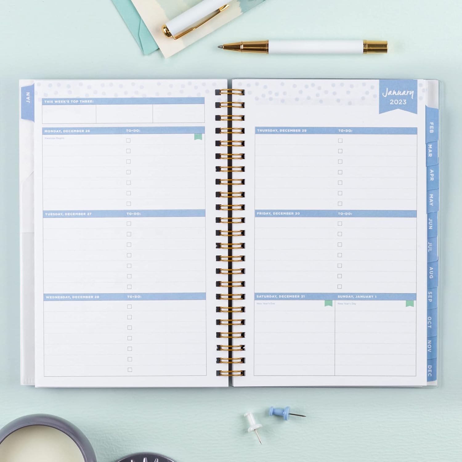 Blue Sky Day Designer for 2023 Weekly and Monthly Planner, 5' x 8', Frosted Cover, Wirebound, Tile (101410-23)