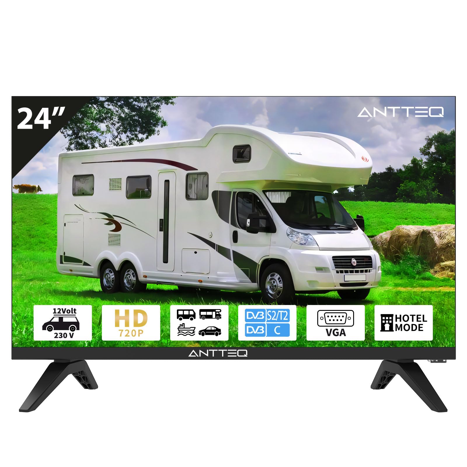 Antteq AE24H5C-Q1 Téléviseur 24 Pouces (60 cm) HD avec 12V – sans Smart TV, Triple Tuner DVB-C/T2/S2, Mode Hôtel, Audio Dolby, Connectiques SCART & CI+ – Idéal pour Camping-Car, Hôtel