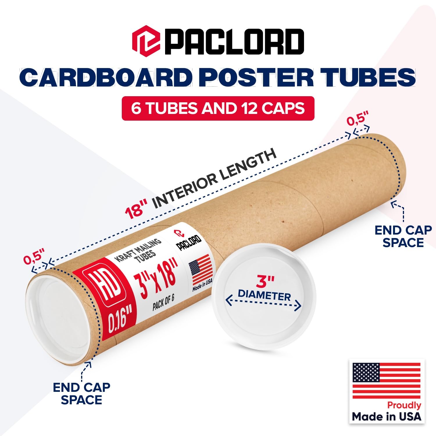 Tubo de cartón reforzado de alta resistencia de 3 x 18 pulgadas, paquete de 6 tubos con 12 tapas, aprobado por USPS seguro, ideal para envío y almacenamiento de impresiones, obras de arte