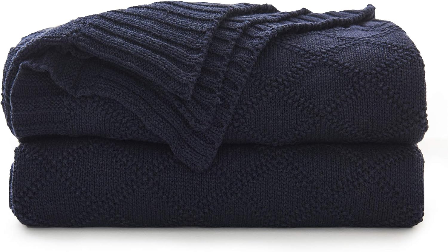 100% Cotton Navy Blue Cable Knit Throw Blanket with Bonus Laundering Bag - Large Thick, 2.5 Pounds,Extra Cozy, Machine Washable, Comfortable Home Decor (Navy X pattern, 50"x60")