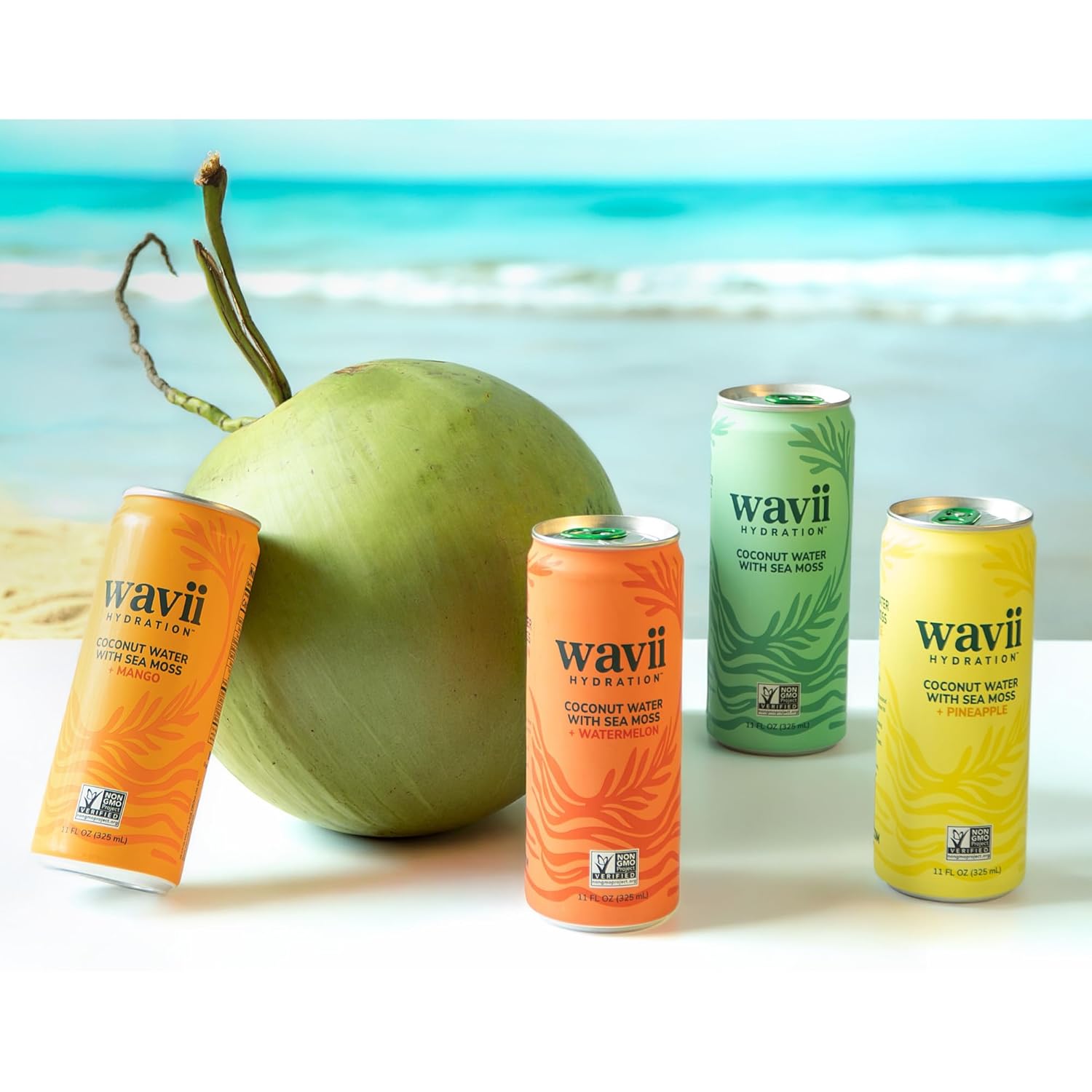 Wavii Coconut Water with Sea Moss plus Mango, 12 Pack, 11 fl oz – Clean Hydration with Electrolytes and Ocean-Derived Trace Minerals, No Added Sugar, Non-GMO, Made with Organic Coconut Water