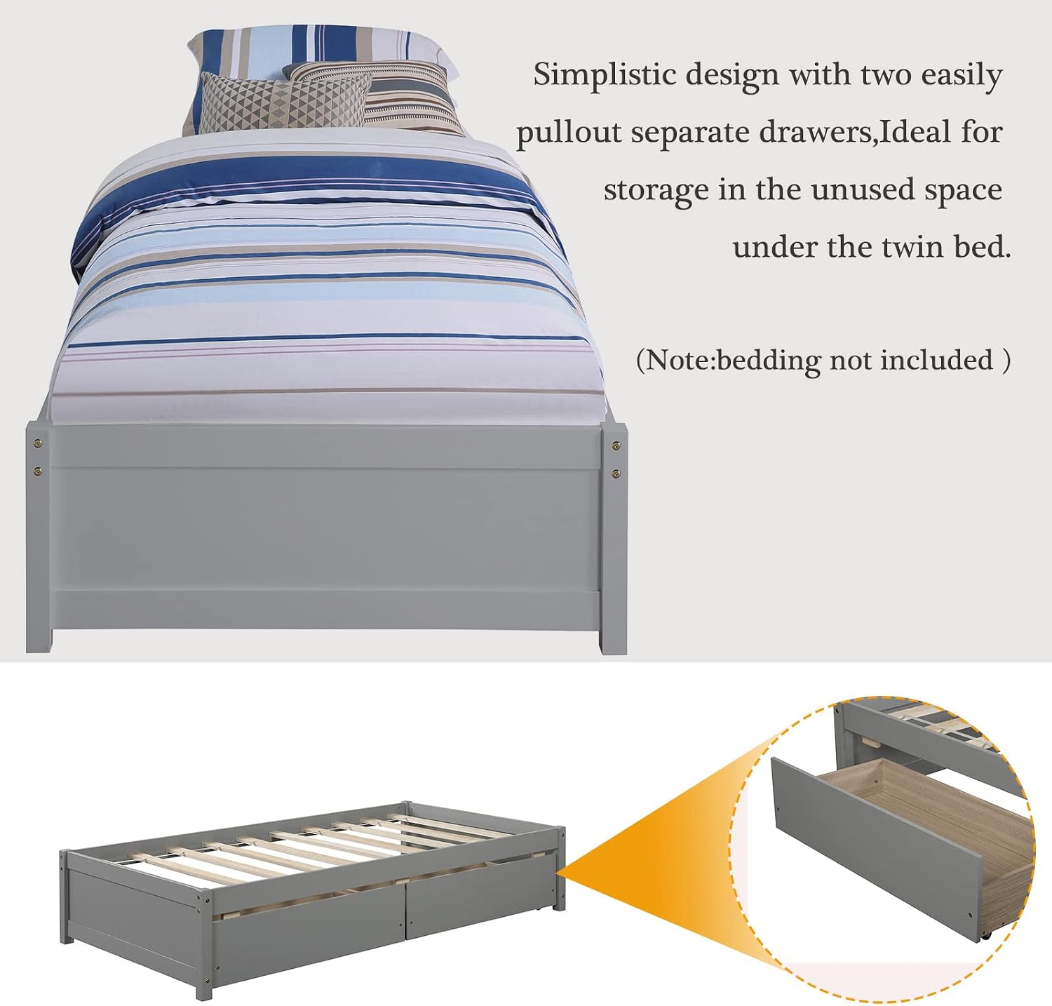 CITYLIGHT Twin Bed with Storage, Wood Twin Platform Bed Frame with 2 Drawers,Twin Kids Bed with Wood Slat Support, No Box Spring Needed,Grey
