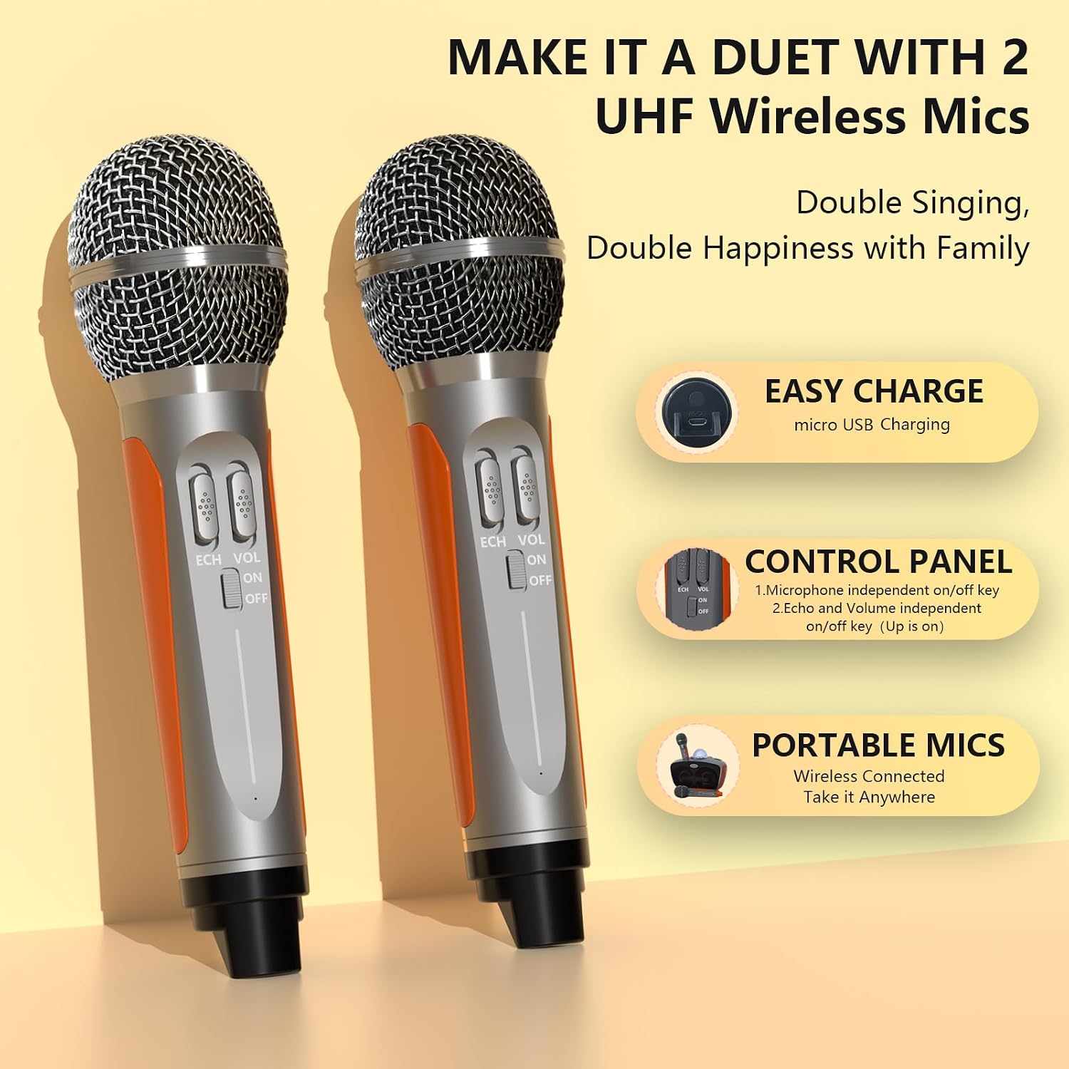 Two wireless microphones with charging port and control panel details