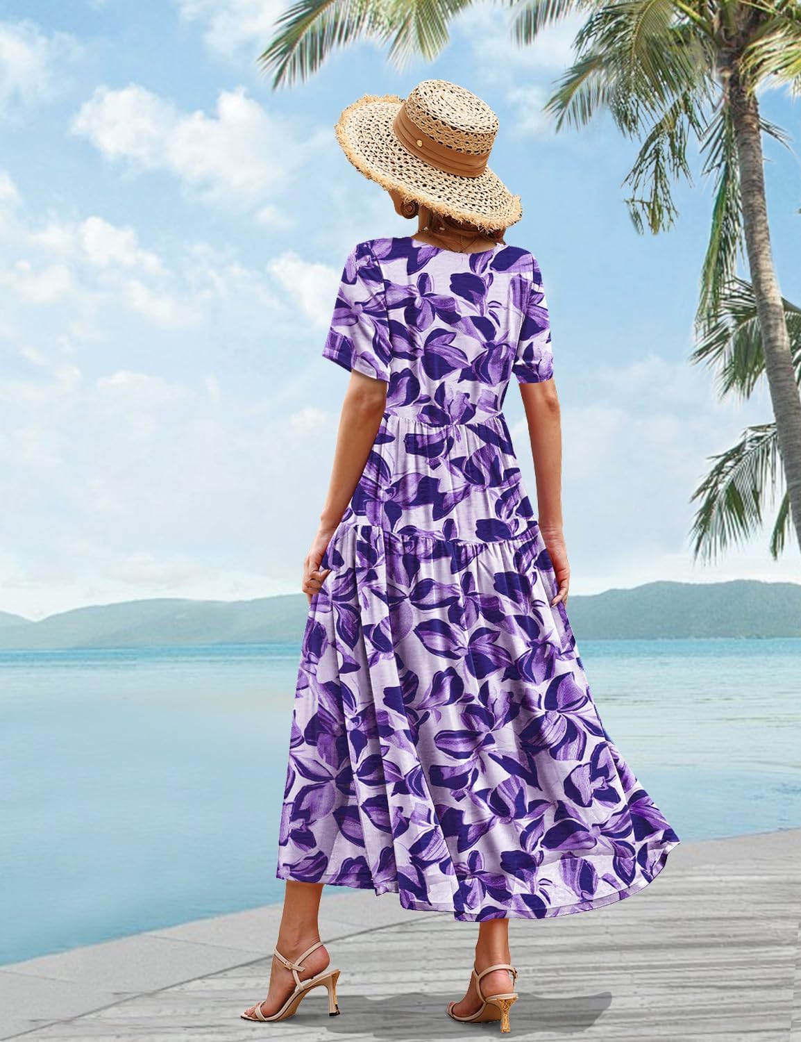 YESNO Women Casual Loose Bohemian Floral Dress with Pockets Short Sleeve Long Maxi Summer Beach Swing Dress EJF thumbnail