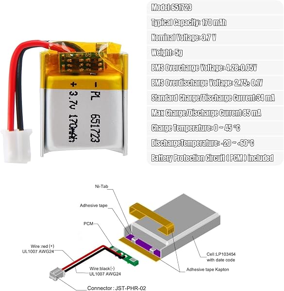 Batterie Lipo 3,7 V, 170 mAh 651723 Lithium-polymère avec Connexion 2P-PH avec Pas de 2,0 mm - 5