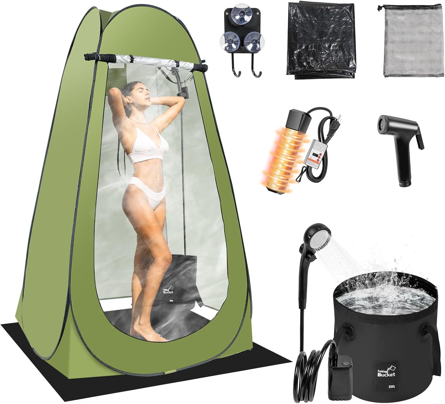 Portable Hot Shower Tent for Camping,Pop Up Privacy Tent with Rechargeable Camping Shower with 2000w Immersion Water Heater