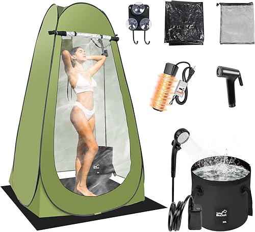 Tienda portátil de ducha caliente para camping, tienda de privacidad desplegable con ducha de campamento recargable con calentador de agua de