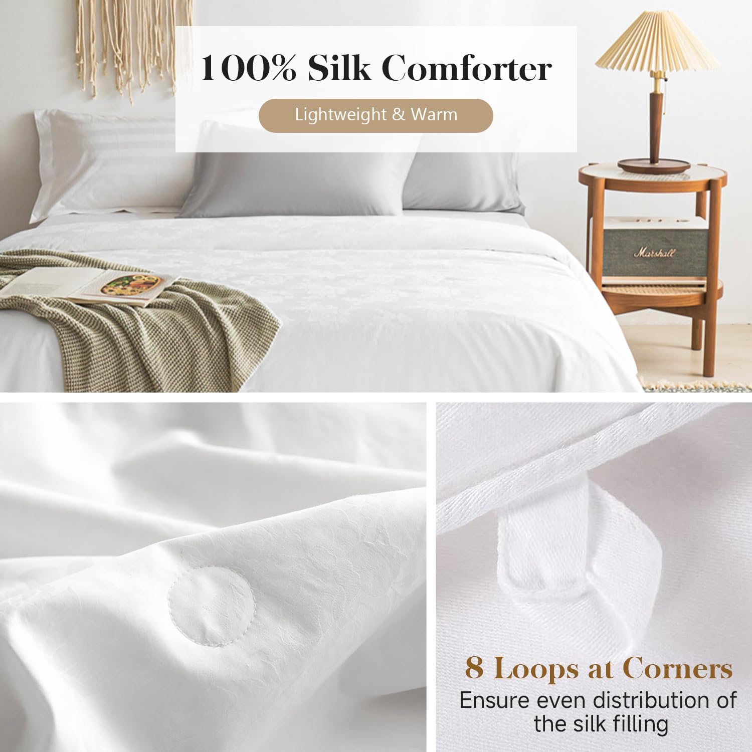 Simple&Opulence 100% Long-Strand Silk Comforter Full-78”x86”, Tussah Silk Weight 1.87 LBS Breathable Jacquard Duvet Insert with Cotton Cover Quilt for Spring/Summer/Fall Premium Bedding, Creme