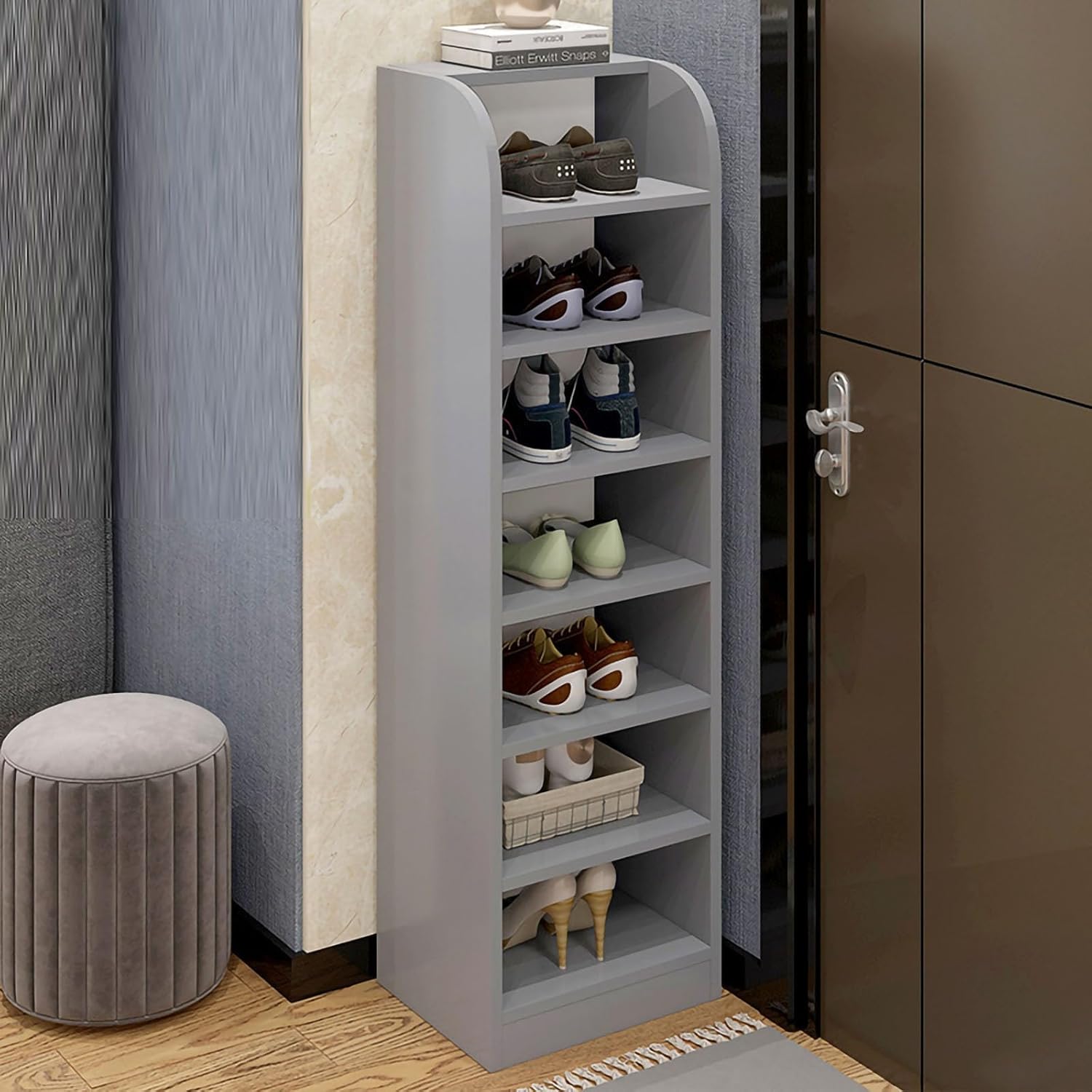 Shoe Storage Cabinet Cabinets Hallway Slim Cupboard Cupboards Hallways Slimline，Freestanding Shoe Rack Cabinet for Entryway Narrow Solut for Small Spaces Corner Design 30x27x120cm Grey Styli