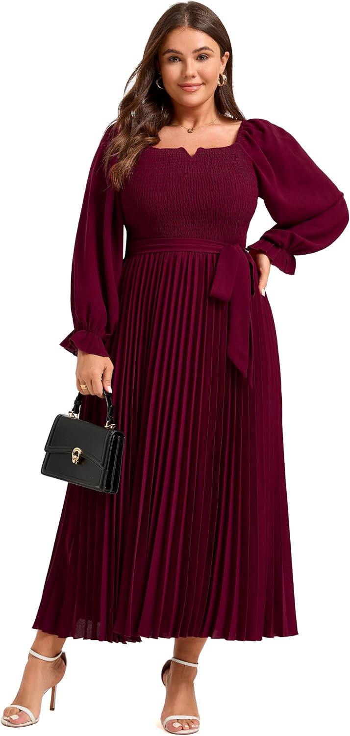 Women's Plus Size Smocked Pleated Long Sleeve Maxi Dress image 3