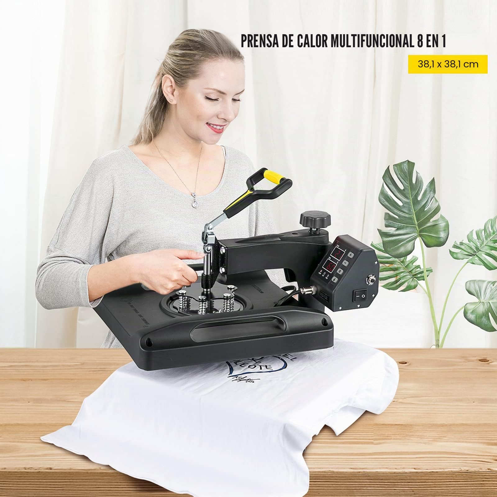 VEVOR Prensa de Calor 8 en 1 Placa 38 x 38 cm Máquina de Prensa de Calor Negra 1000 W Giratoria de 360 Grados Pantalla Digital Prensa de Transferencia para Camiseta Taza Sombrero Tapa