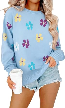 Flower Sweaters for Women Floral Print Pullover Cozy Knit Sweater Crewneck Long Sleeve Shirts Cute Outfits Tops
