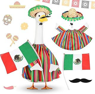 Abbylike Cinco De Mayo Porch Goose Outfit 4 Pcs Mexican Fiesta Yard Goose Costume for 23 Inch Cement Porch Geese, with Sombrero Beard Flag for Outdoor Garden Patio Statue Decor