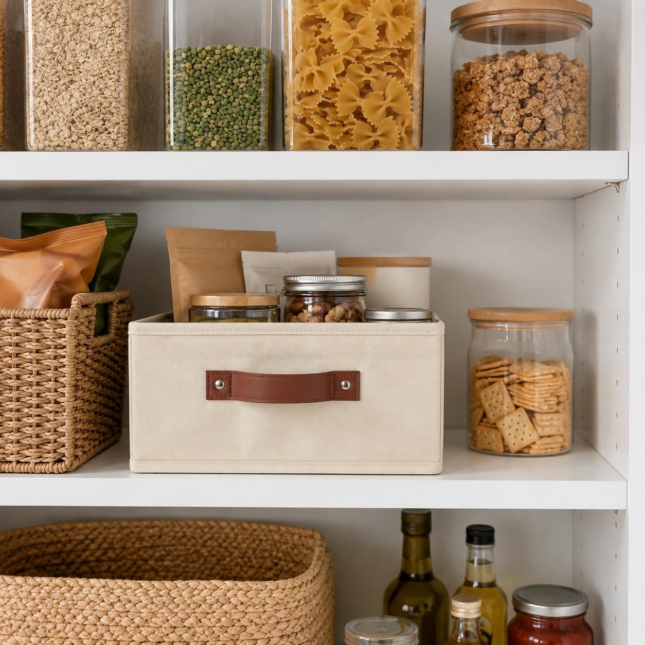 Pantry Storage Bin with Reinforced Sides & Faux Leather Handle