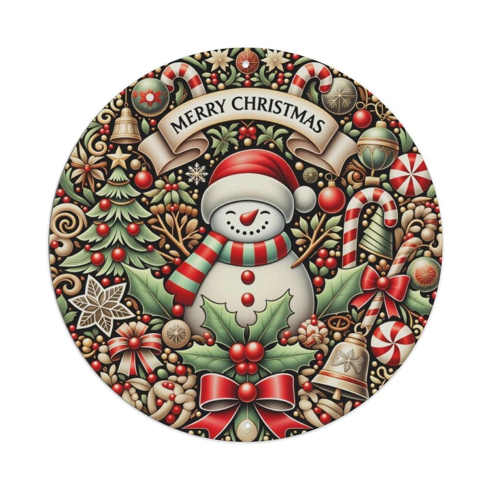 Vintage Wreath Snowman Christmas Round Decor Sign Vintage Aluminium Metal Sign, Retro Wall Decor for Home, Bar, Garage & Farmhouse 20x20cm