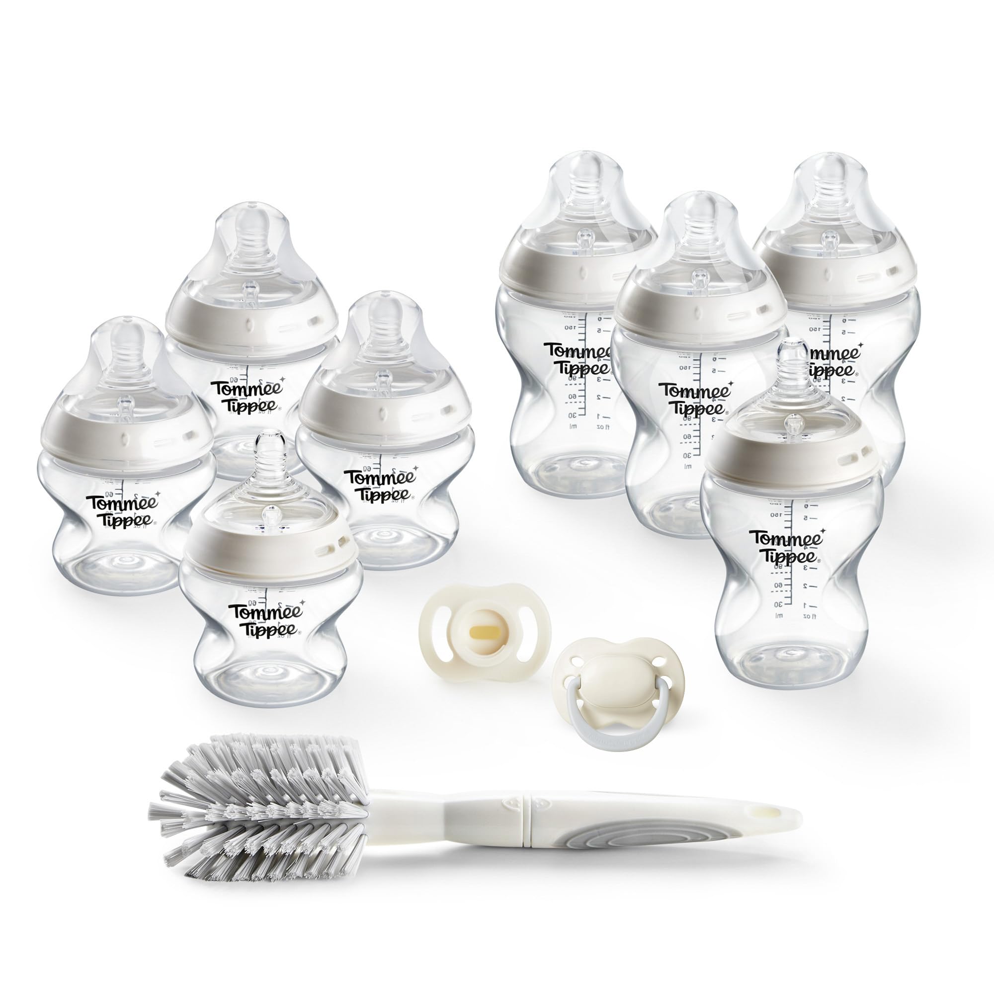 Tommee Tippee Natural Start Bottle & Soother Starter Set, 150ml & 260ml Natural Start Self-Sterilising Bottles, with Extra Slow & Slow-Flow Teats, and Ultralight StayPut & Newborn Soothers Included