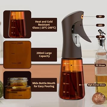 Olive Oil Sprayer for Cooking Glass, 200ml Olive Oil Dispenser Bottle Brown, Spray Bottles Oil Dispenser for Kitchen, Kitchen Gadgets for Salads, Grilling with 3 in 1 Cap Brush & Straw Brush