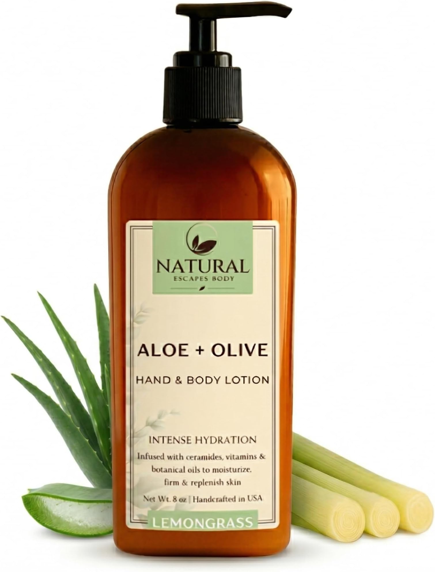 Natural Escapes Lemongrass Body Lotion & Hand Cream for Dry Skin, Firming Moisturizer for Crepey, Itchy & Sensitive Skin, with Coconut Oil, Olive Oil & Ceramides, 8 oz