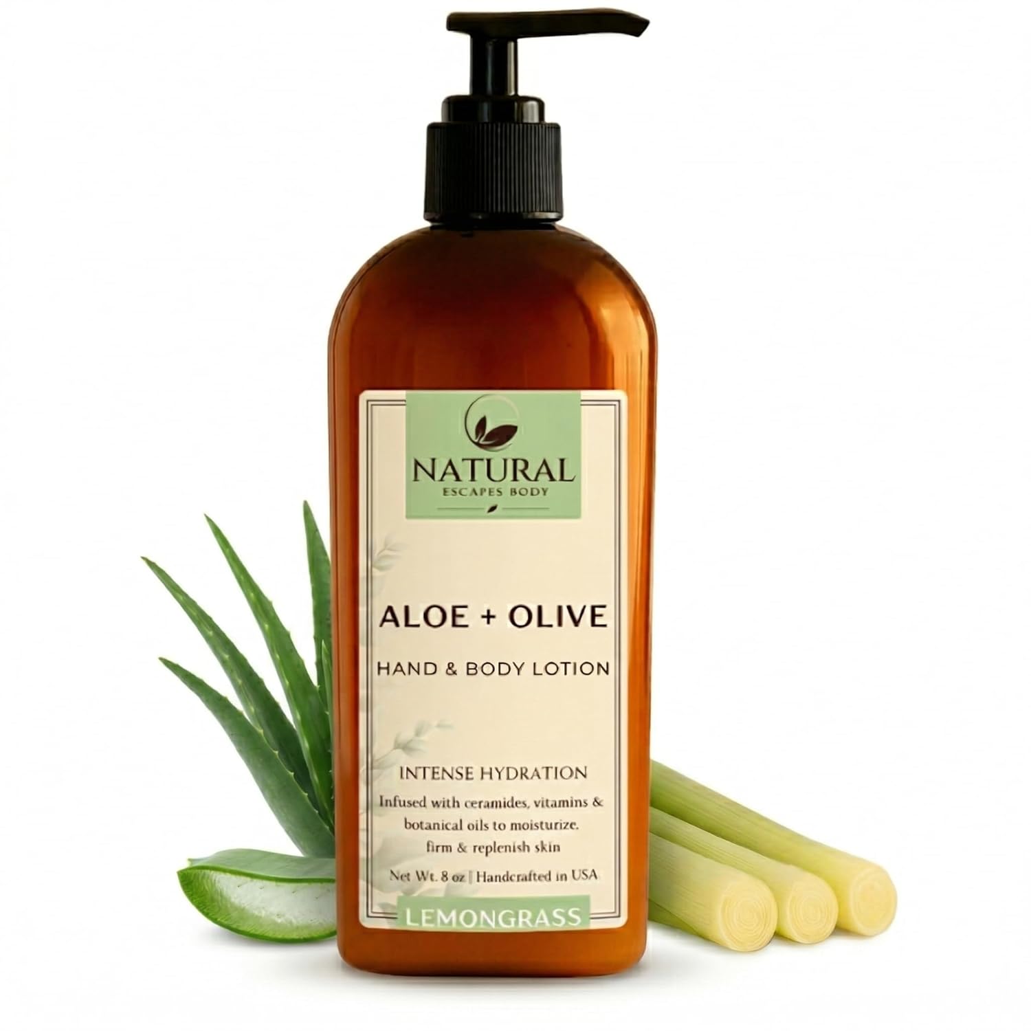 Natural Escapes Lemongrass Body Lotion & Hand Cream for Dry Skin, Firming Moisturizer for Crepey, Itchy & Sensitive Skin, with Coconut Oil, Olive Oil & Ceramides, 8 oz