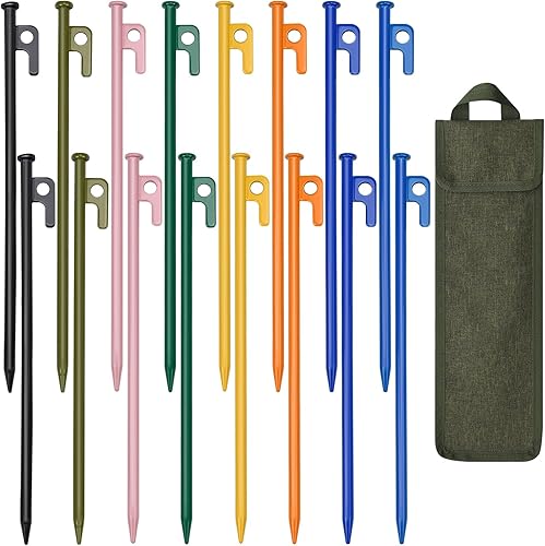Miniatura 1 de Paquete de 16 estacas coloridas para tienda, estacas resistentes de 12 pulgadas con bolsa de almacenamiento, estacas de acero forjado para tienda de