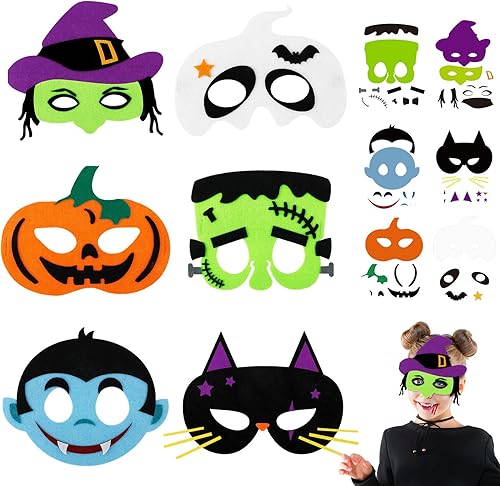 Sumind 18 máscaras de Halloween hechas a granel de fieltro para bricolaje, fantasma, calabaza, bruja, accesorios de fiesta de Halloween