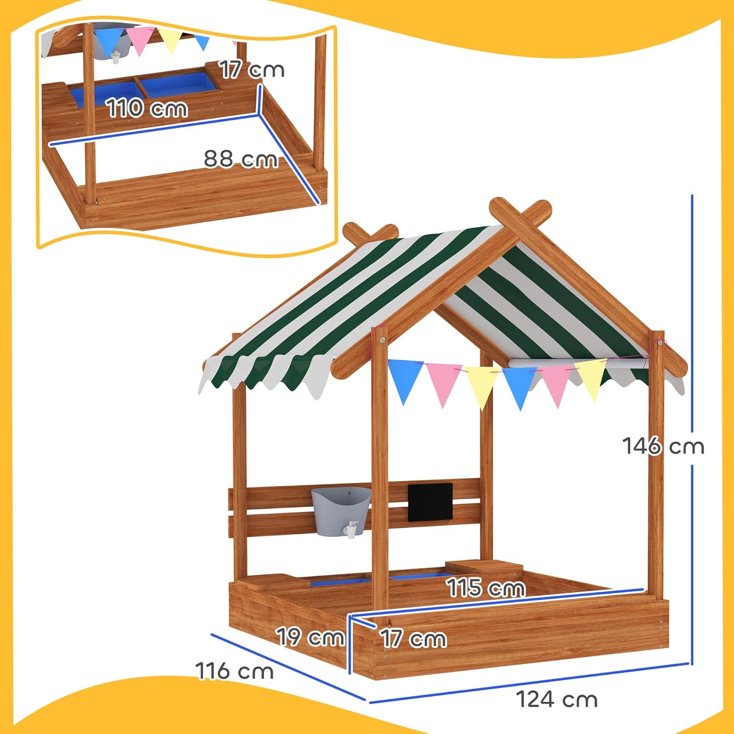 Outsunny Wooden Children's Sandbox with 2 Seats, Awning, 6 Pennants, 2 Removable Trays, Tap and Slate for Patio, Garden, 124 x 116 x 146 cm, Orange