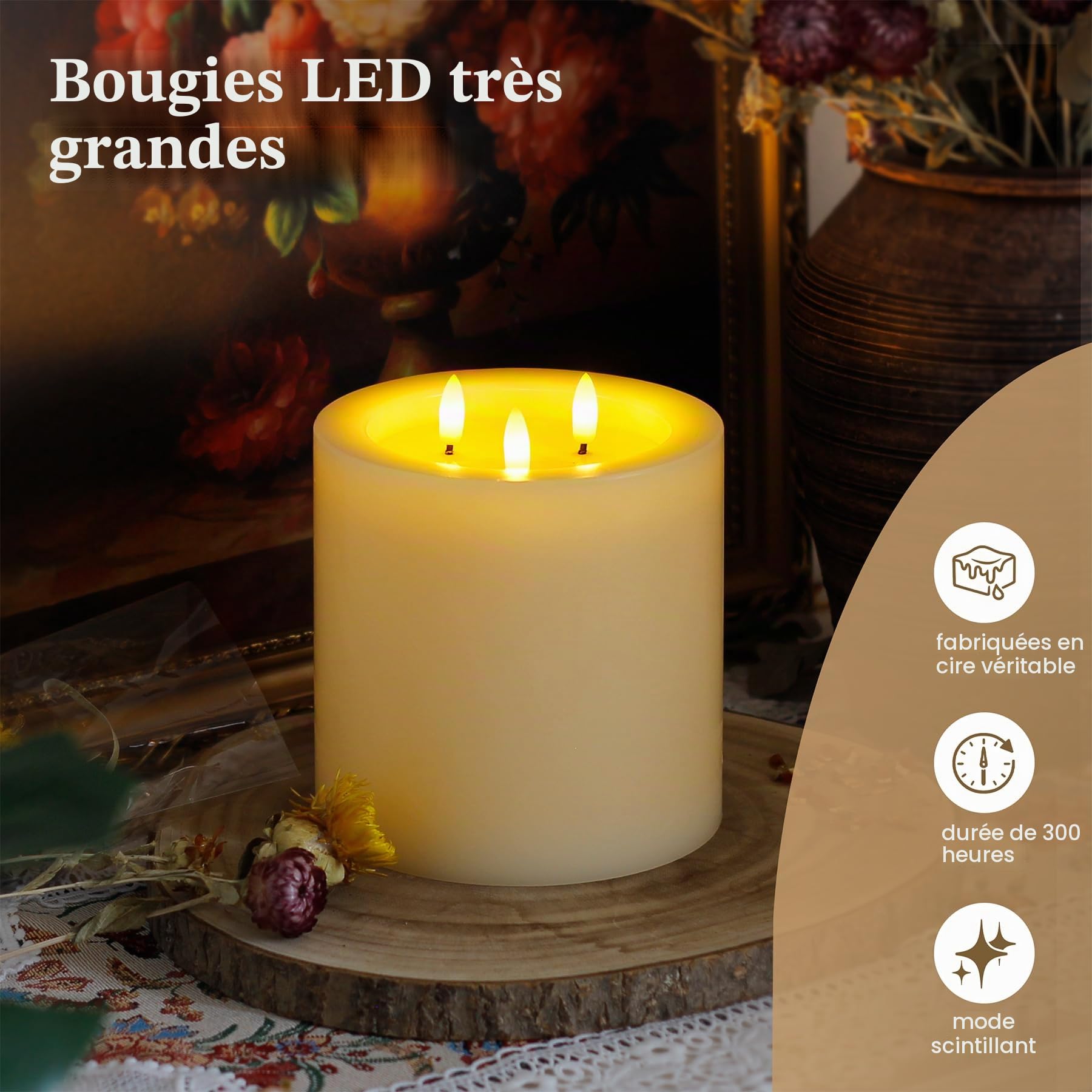 Yeelida 3-Mèches 15x15cm Grandes Bougie LED sans flamme avec télécommande et effet huile de cire, fonction minuterie Ivoire Bougie 3D-Mèches en cire véritable fonctionnant sur piles et vacillantes