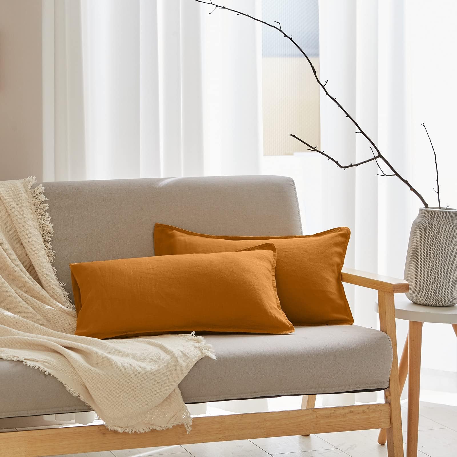 100% Linen Lumbar Pillow Cover 12 x 20 Inches Set of 2 Rectangular Decorative Throw Cushion Cover for Couch Sofa Bed Living Room Office Soft Breathable Farmhouse - Rust