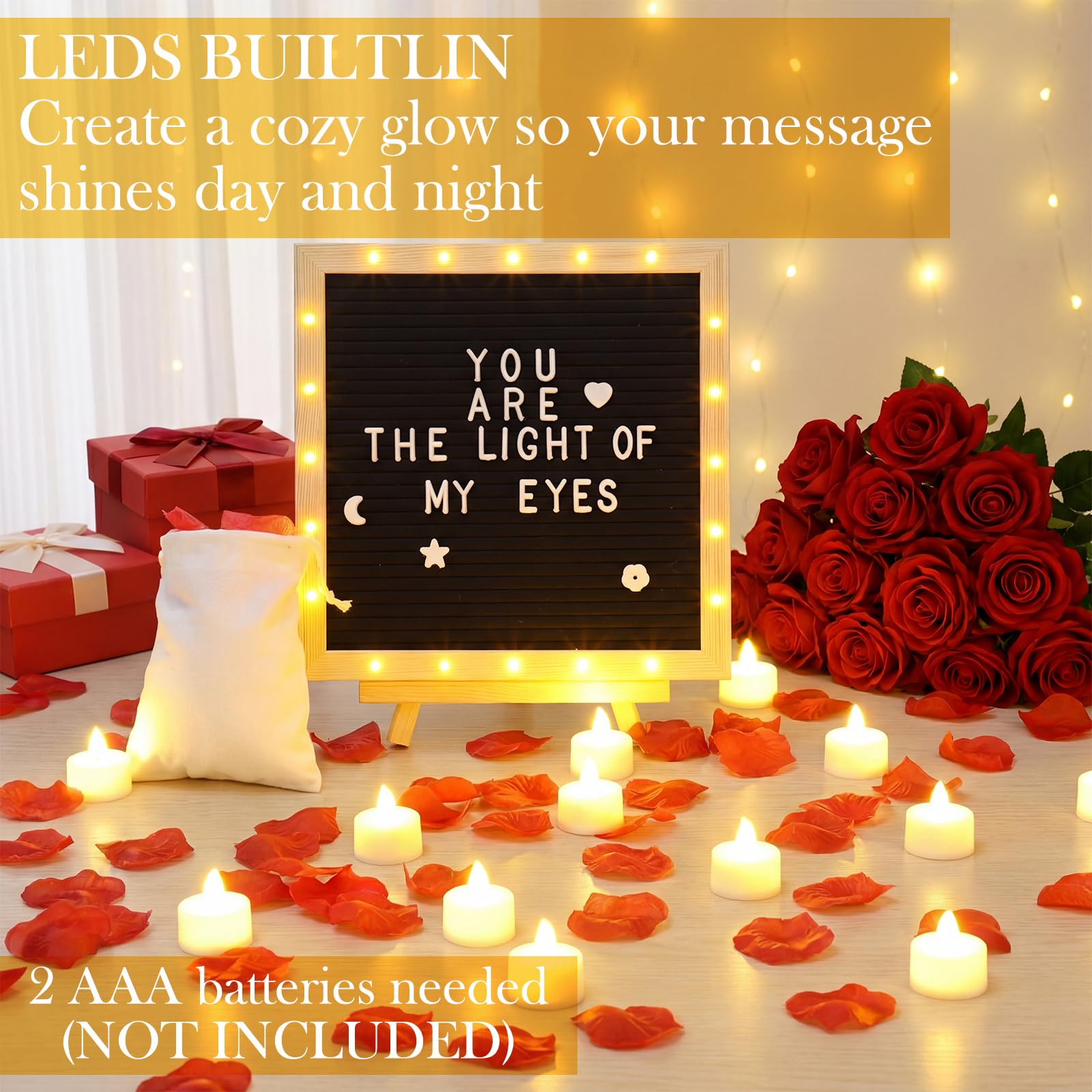 El juego de decoración romántica incluye tablero de letras de fieltro LED, 24 velas de té sin llama y 1000 pétalos de rosa artificiales para propuestas, aniversarios, bodas, anuncios de