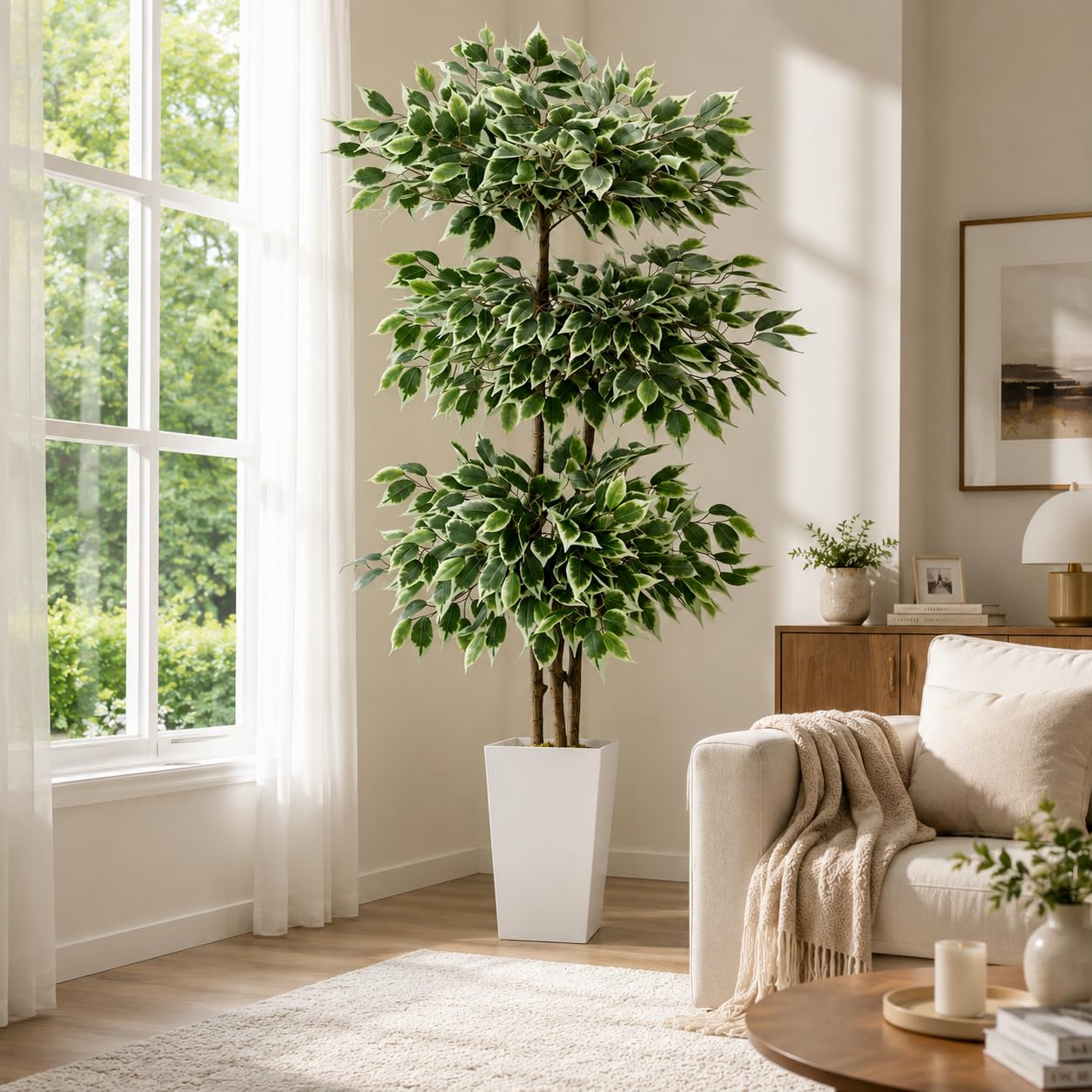 Ficus Artificiel 180 cm Arbre Artificiel avec Grand Pot Blanc | plante artificielle grande 3 couches de feuilles en soie 3 troncs épais fausse plante décorer maison salon bureau intérieure