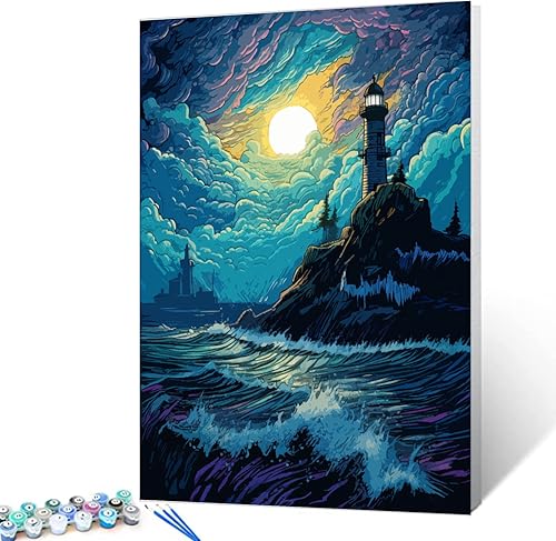 Miniatura 2 de Juegos de pintura por números, luna llena y barco de paisaje marino, lienzo de 16 x 20 pulgadas, pintura al óleo de cielo dramático para niños y