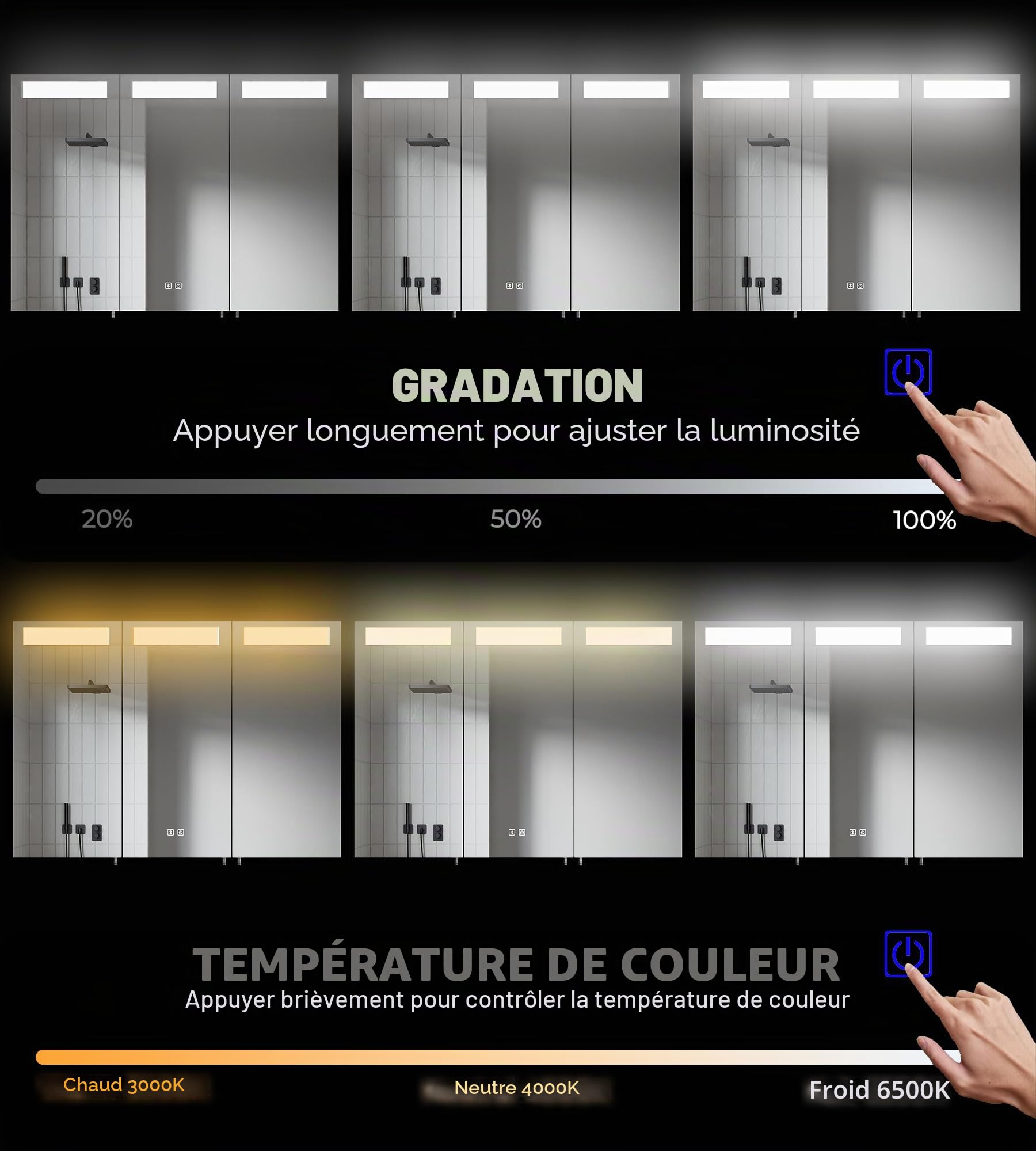 Armoire de salle de bain, 90 x 65 x 13 cm, Armoire de salle de bain avec éclairage et prise de courant, température de couleur réglable, acier inoxydable, fonction débuée, lumières réglables