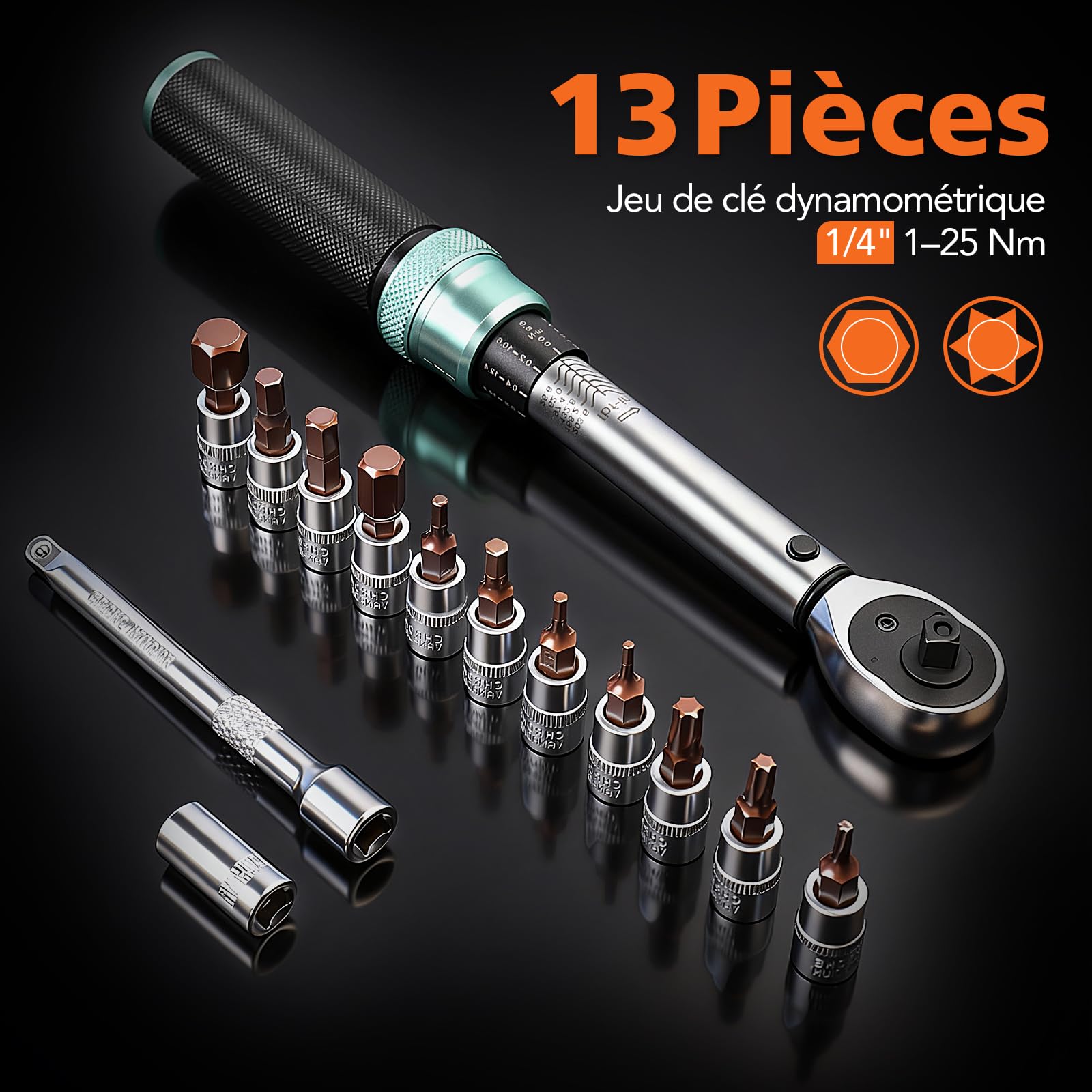 Clé Dynamométrique 1/4" 1-25Nm pour Vélo et Moto | Précision ±3% | Mécanisme à Clic Réversible 72 Dents | Kit d'Entretien avec Douilles Allen, Barre d'Extension, Adaptateurs