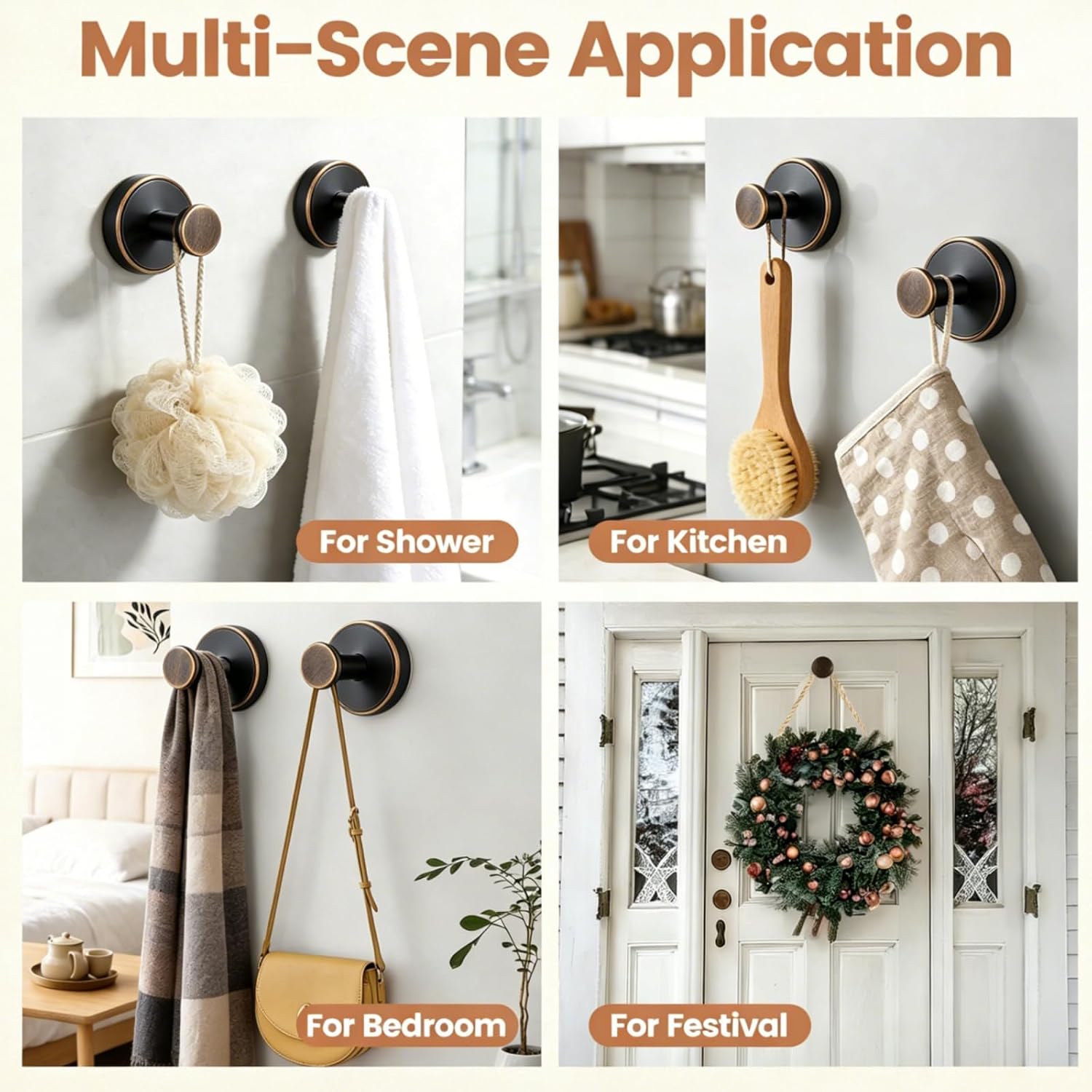 BKV Suction Cup Hooks for Shower,Reusable Shower Suction Hooks,Heavy Duty Towel Hooks for Bathroom Wall,Glass,Door,Window,Mirror-Strong Suction & No Drill(4 Pack,Oil Rubbed Bronze) image 5