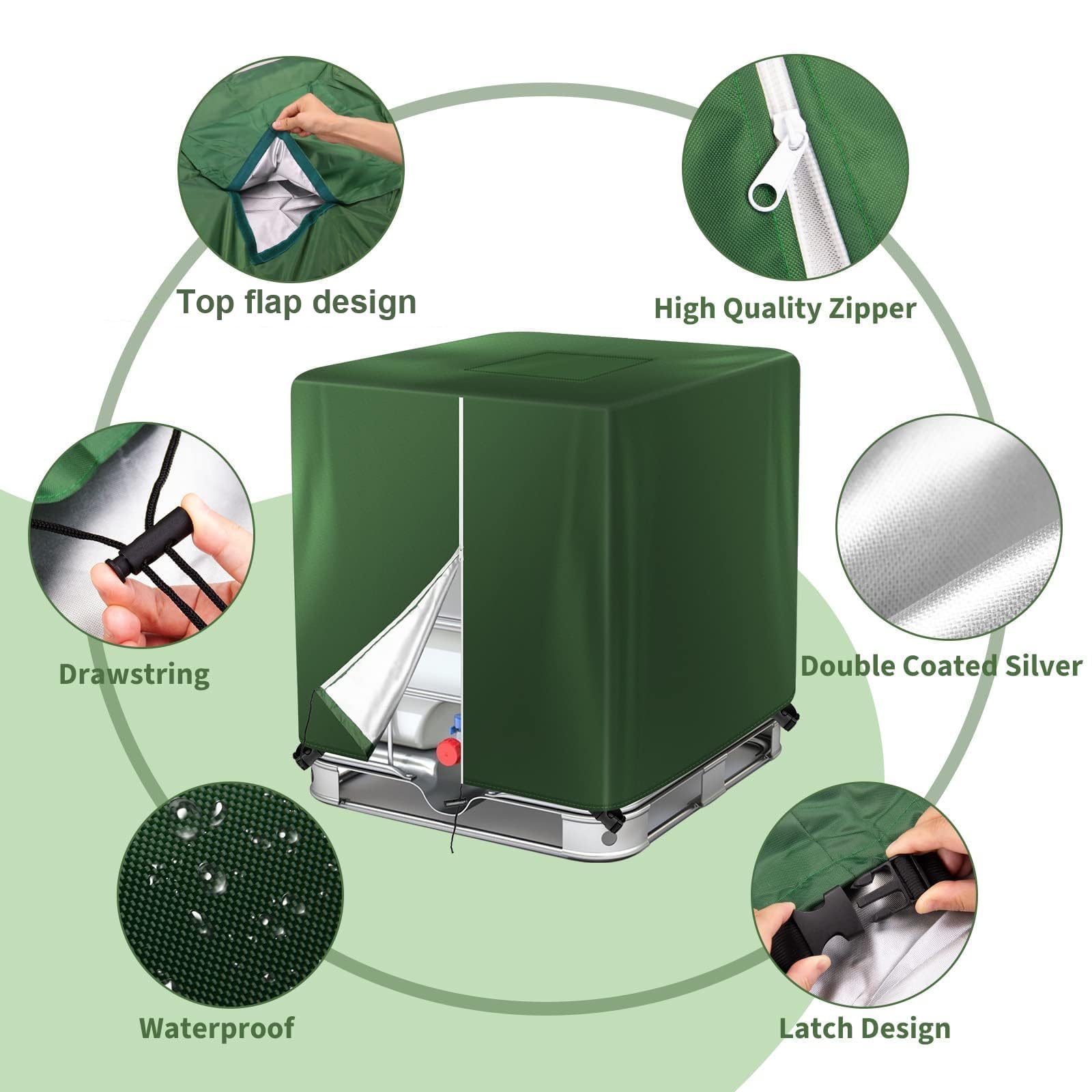 Housse de Réservoir IBC 420D 1000L,Réservoir D'eau Couvercle,Anti-UV Housse Protection Cuve,Bâche de Protection,Accessoires Cuve 1000L (Vert)