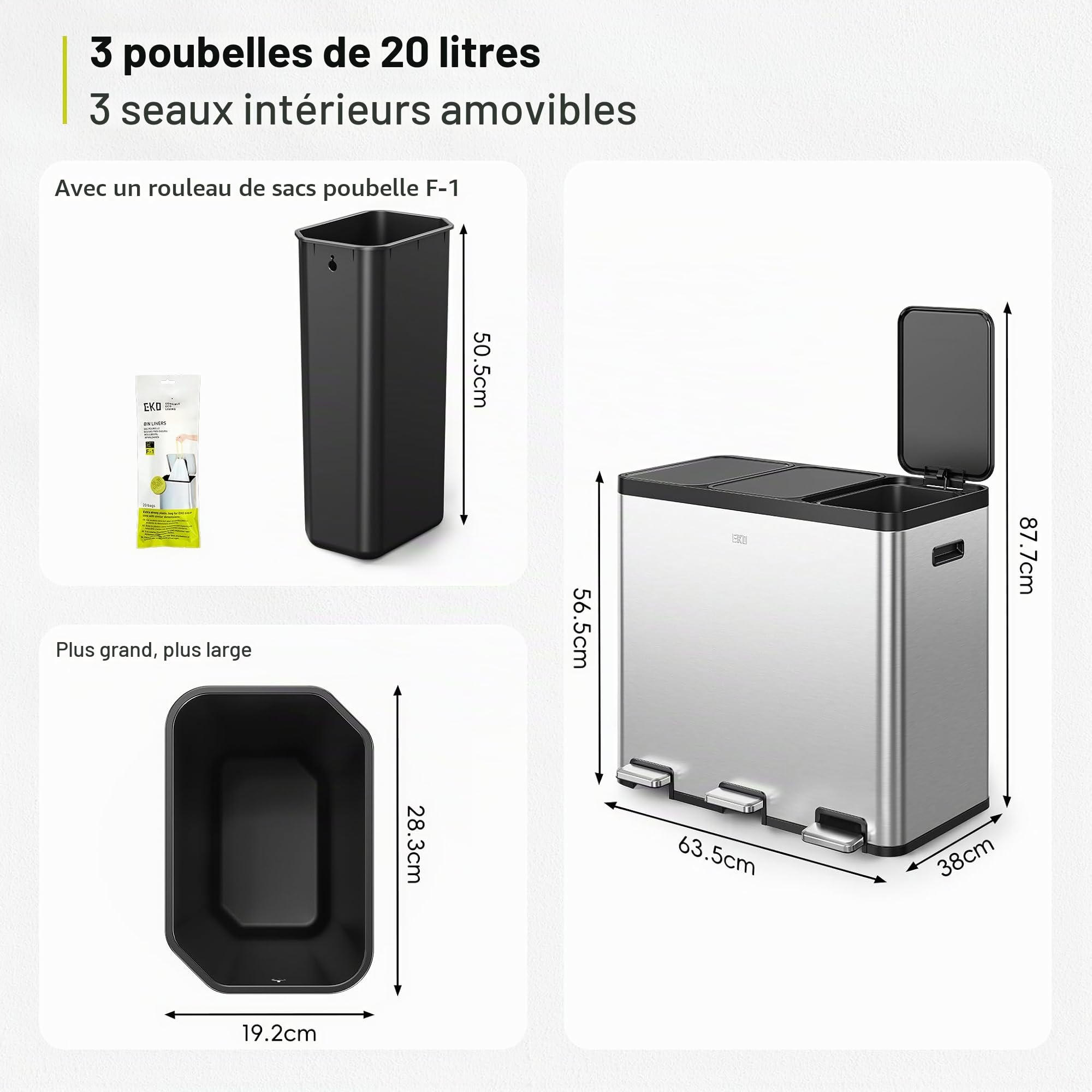 EKO Essential Poubelle à 3 compartiments, 3 x 20 l, système de tri sélectif, poubelle de cuisine, avec 20 sacs poubelles, grande capacité avec couvercle, fermeture douce et hermétique, en acier