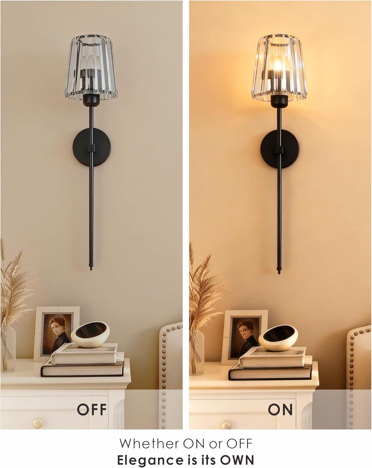 Battery Operated Wall Sconces Set of 2, Modern Black Crystal Wireless Lights with Remote, 5000mAh Rechargeable (20H Run), Dimmable RGB & 3 Color Modes, Ambient Wall Decor for Bedroom Living Room