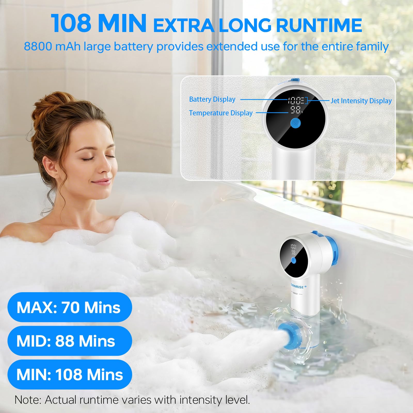 Bath Jet Spa – Spa doméstico inalámbrico para la bañera con 3 niveles de intensidad de masaje, masaje por chorros y modo de burbujas; incluye pantalla inteligente y soporte de ventosa