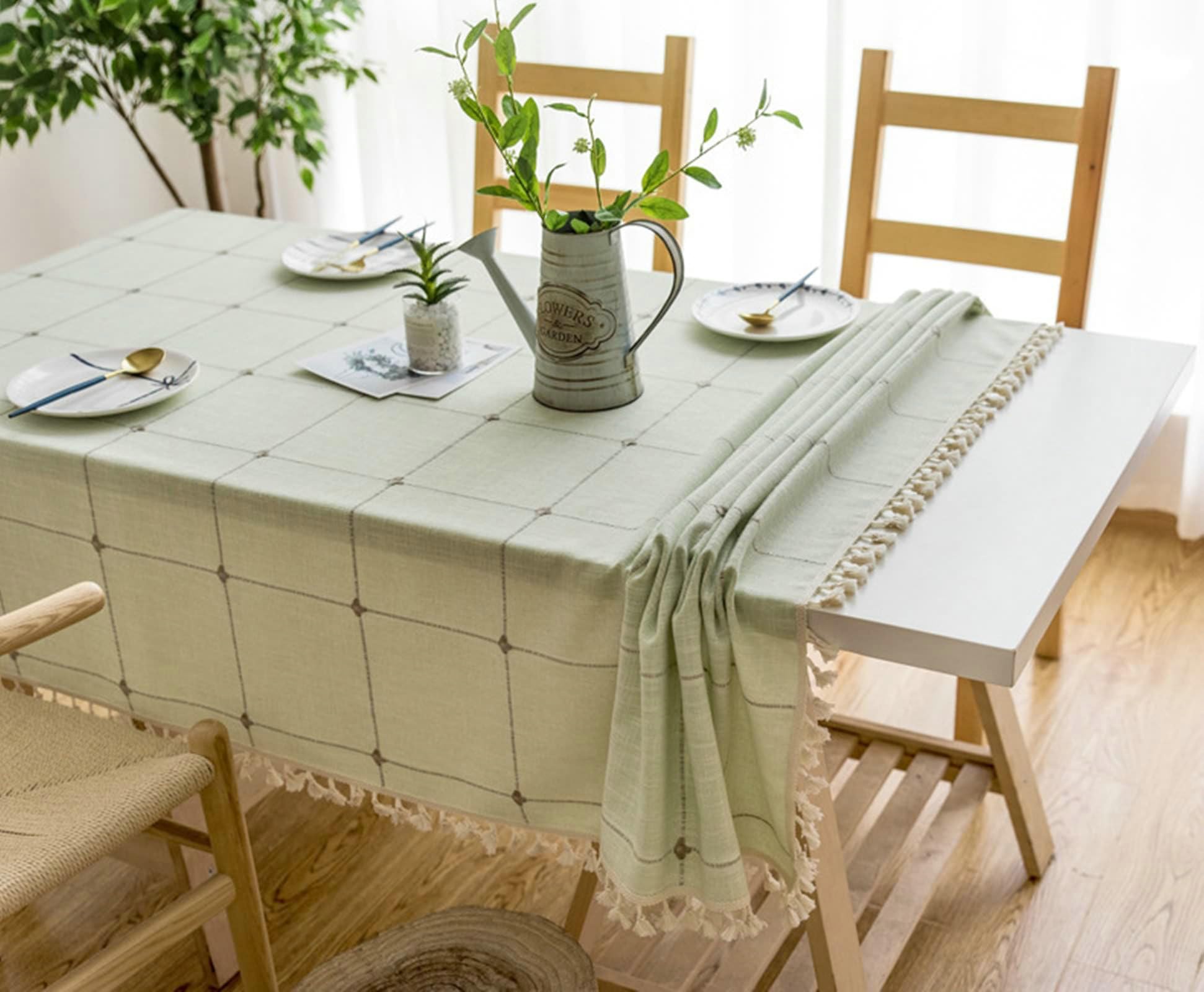 Gualiy Mantel Rectangular Salon, Algodón Manteles Mesa 140x260CM Manteles de Mesa Antimanchas Plaid con Borlas Mantel para Mesas de Sala, Verde