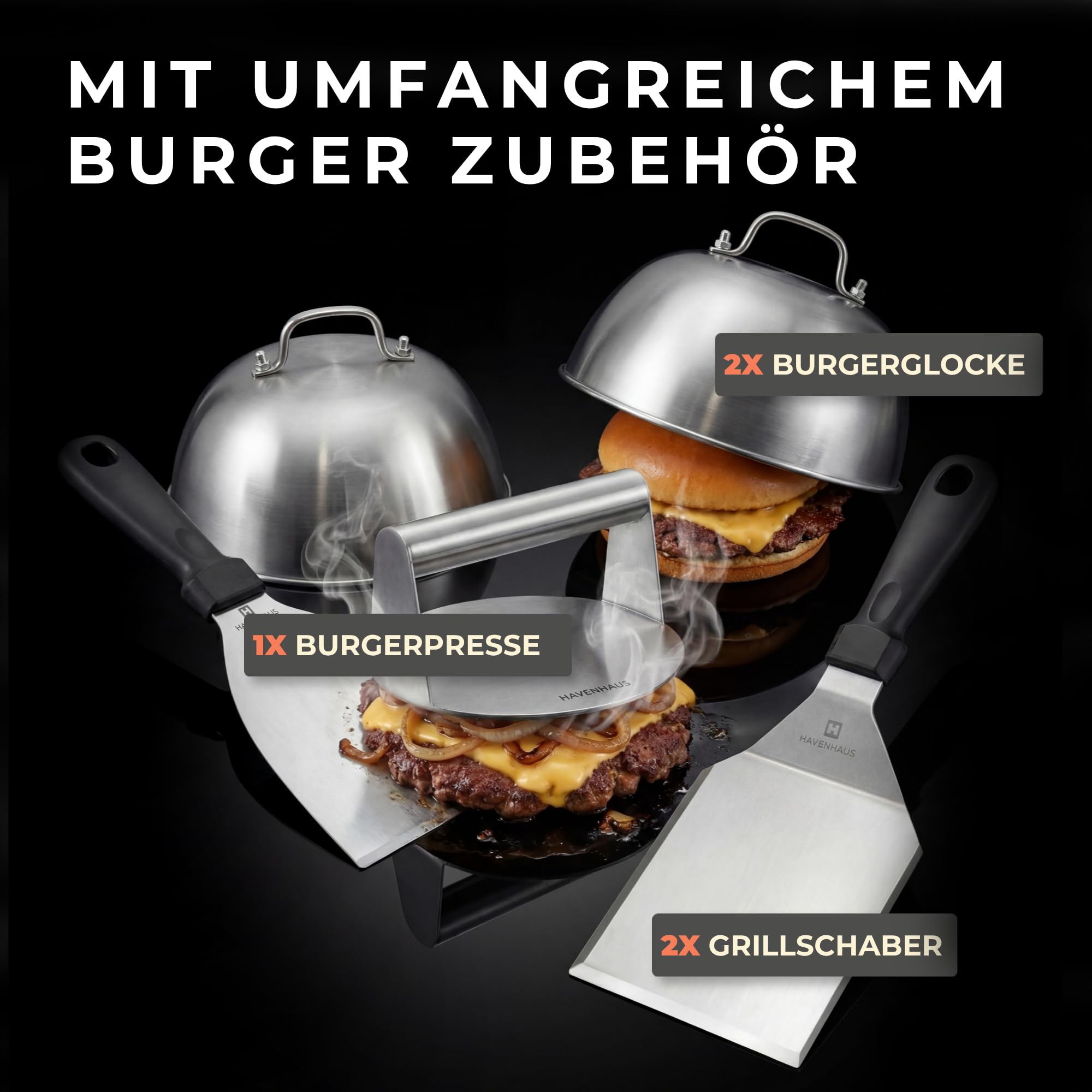 𝗛𝗔𝗩𝗘𝗡𝗛𝗔𝗨𝗦 Grillplatte Edelstahl [40x30cm] Set XXL mit umfassendem Smash Burger Zubehör | 6-teilig Premium Set Plancha, Burgerpresse, Burgerglocke& Grillspachtel I Smash Burger Set für Zuhause