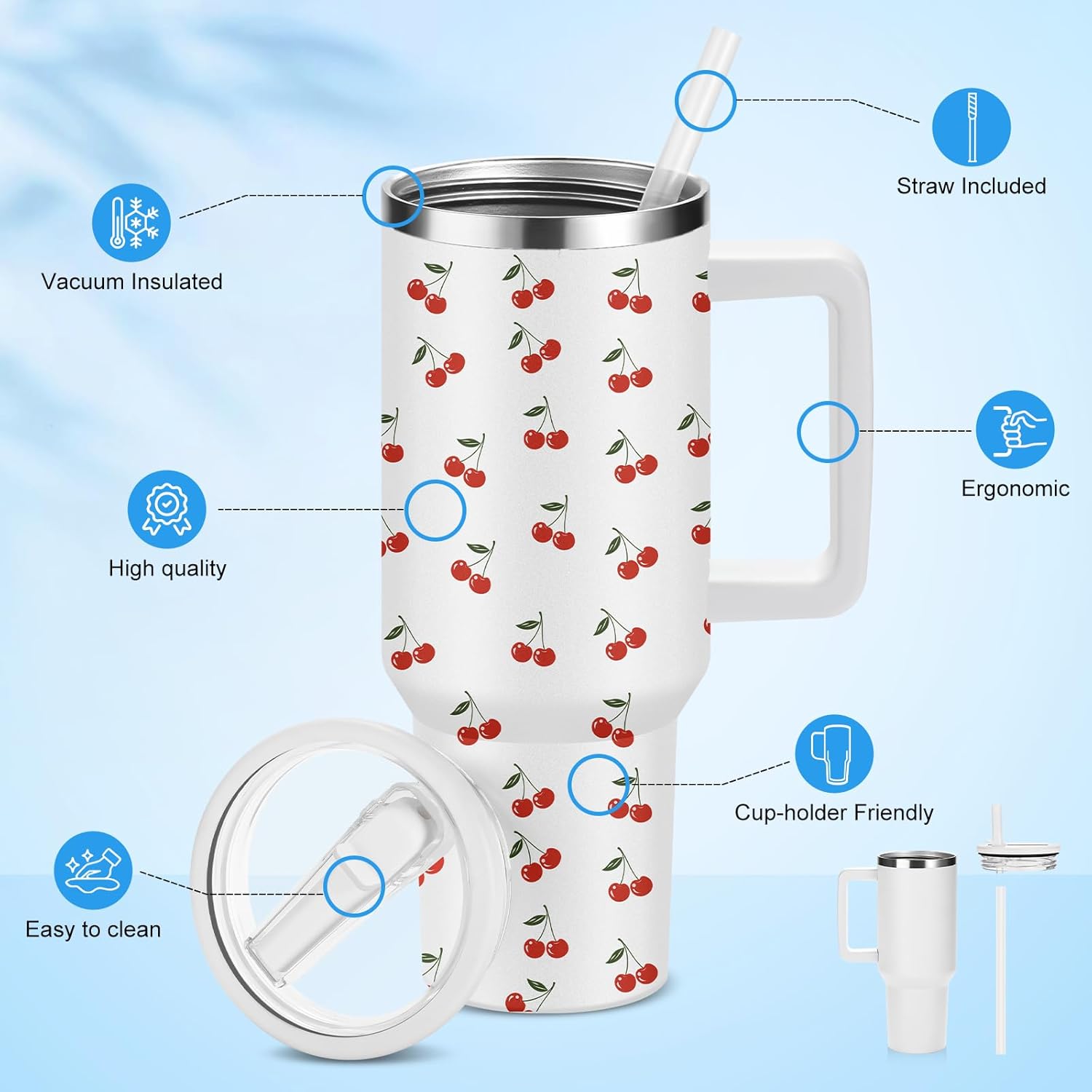 FOLAI 2 Pack 40oz Insulated Tumbler with Handle, Straw & Flip Lid, 100% Leak-Proof Stainless Steel Double Wall Vacuum Cup - 24H Cold & 10H Hot, Cup Holder Friendly Travel Tumbler | Cherry + Bow - Image 6