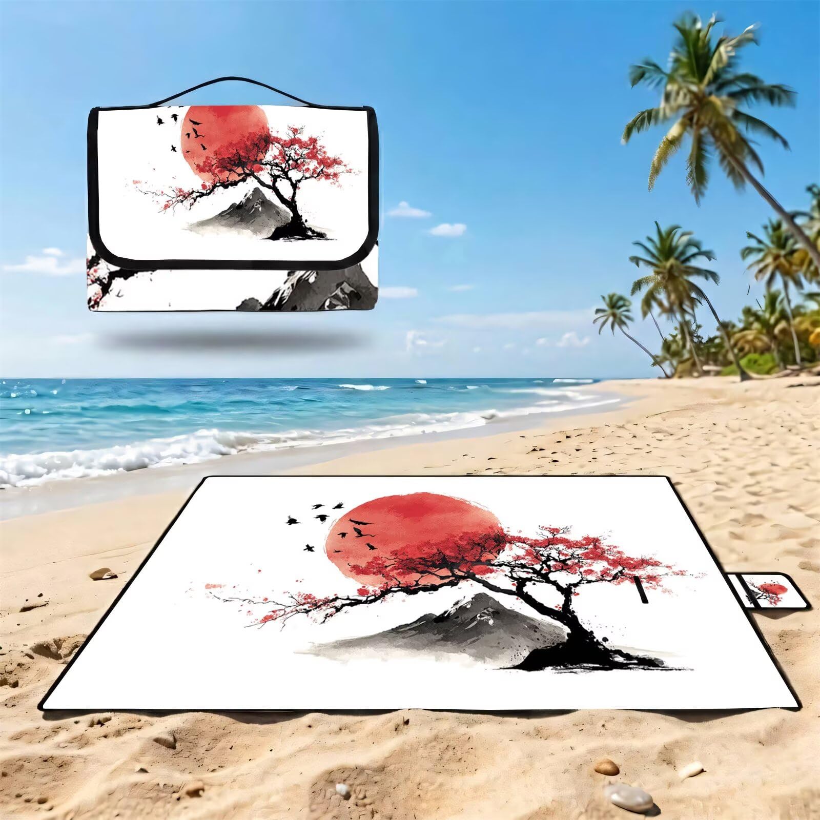 Couverture Pique Nique Grande 200x300cm,Outdoor Couverture Imperméable,Pliable Tapis de Plage Dos en PVC,Picnic Blanket pour Camping Accessoires,Jardin,Parc - Japon,Fleurs de Prunier (2) UZ-171