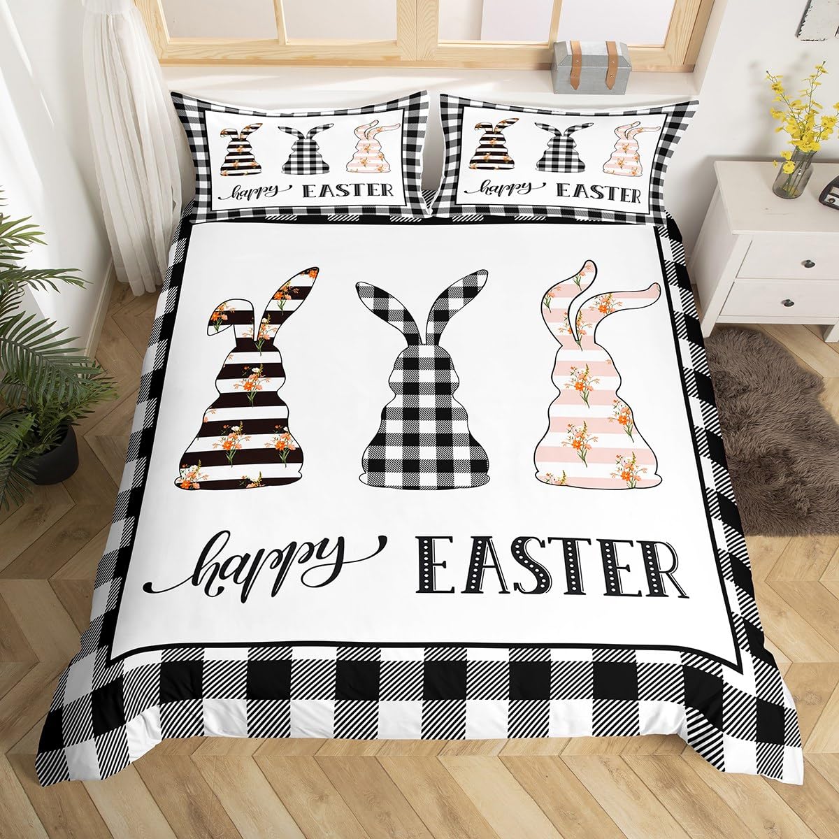 Happy Easter Bedding Set for Girls Boys Kids Cute Bunny Rabbit Comforter Cover Set Floral Flower Duvet Cover Black White Plaid Bedspread Cover 3Pcs King