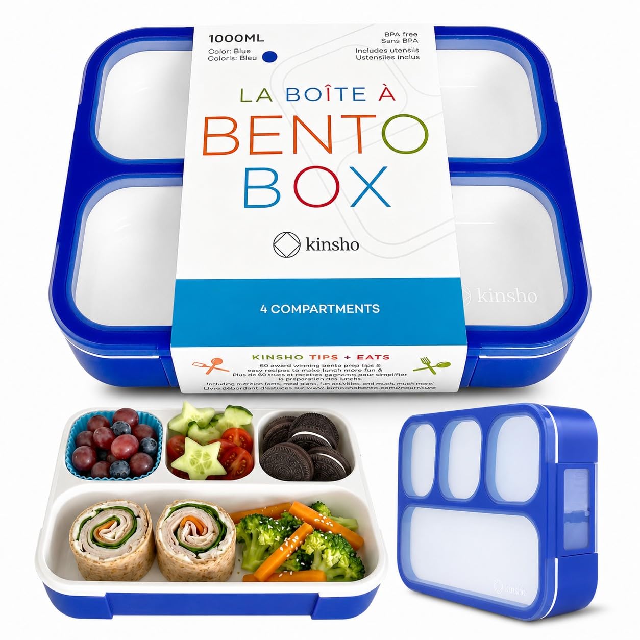 kinsho Bento Lunch Box for Kids Boys Adults, Portion Control Meal Container with 4 Divided Compartments, BPA Free Snackle Snack Food Container for School Work Travel, Utensils, Blue