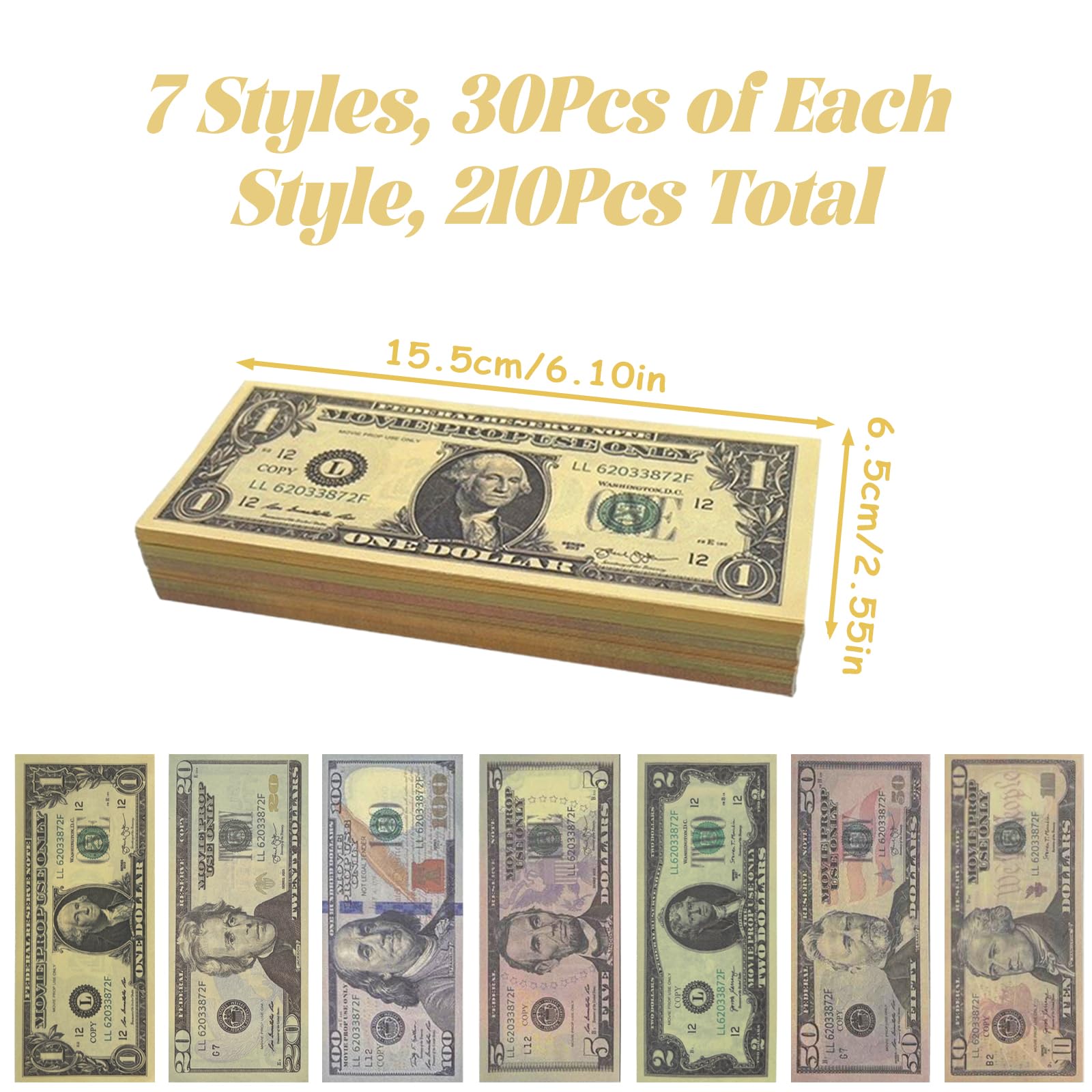 210 PCS Fake Money Set, 7 Denominations Prop Money Notes, Play Money for Board Games Pranks, Party Decorations - Image 2